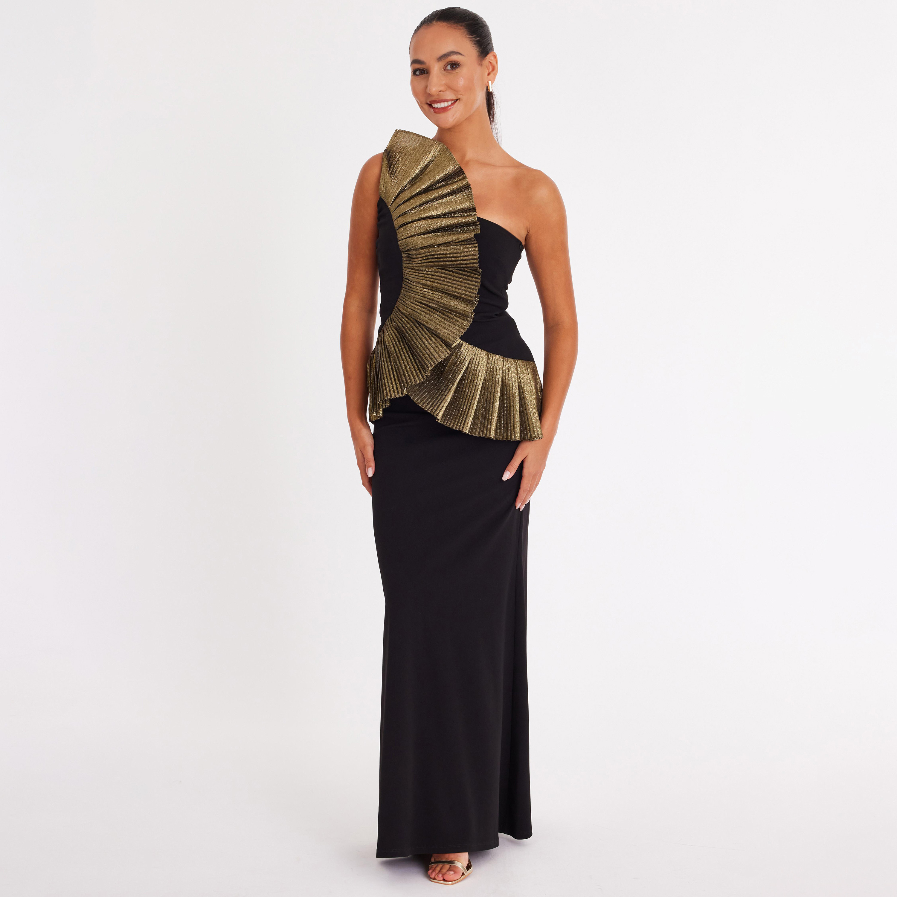 فستان نسائي مستقيم بكتف واحد وتفاصيل سكوبا كريب مكسرة متباينة - أسود من كويز-women-clothing-dresses-image-1