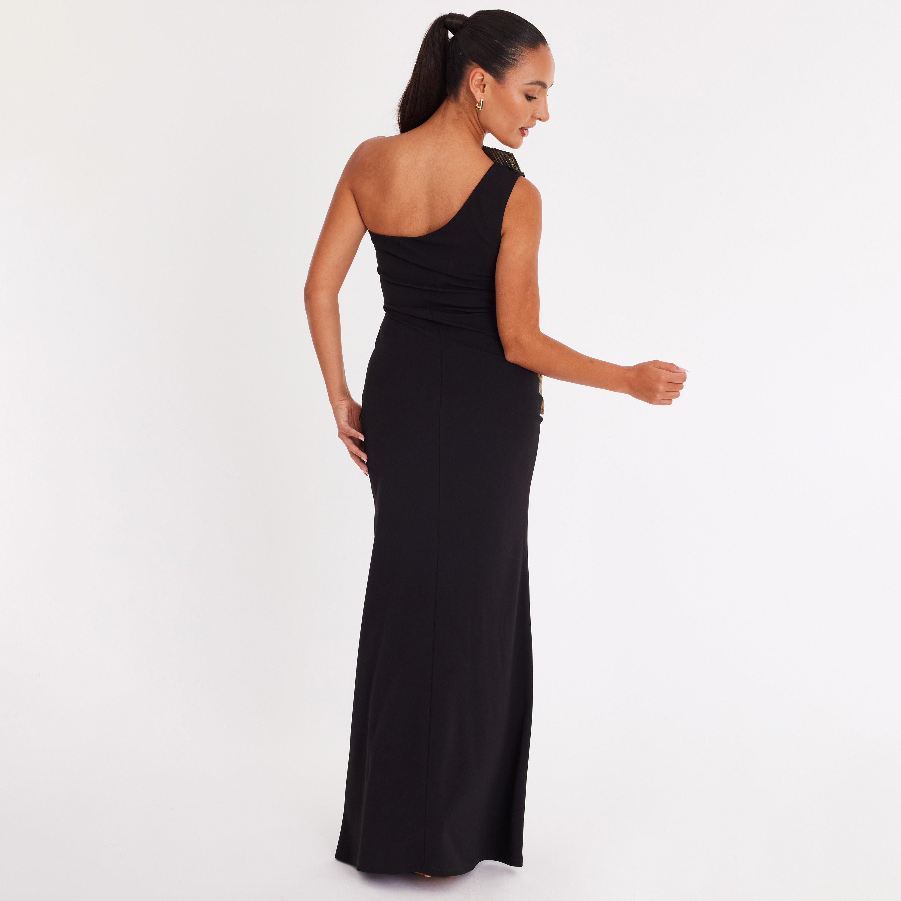 فستان نسائي مستقيم بكتف واحد وتفاصيل سكوبا كريب مكسرة متباينة - أسود من كويز-women-clothing-dresses-image-3