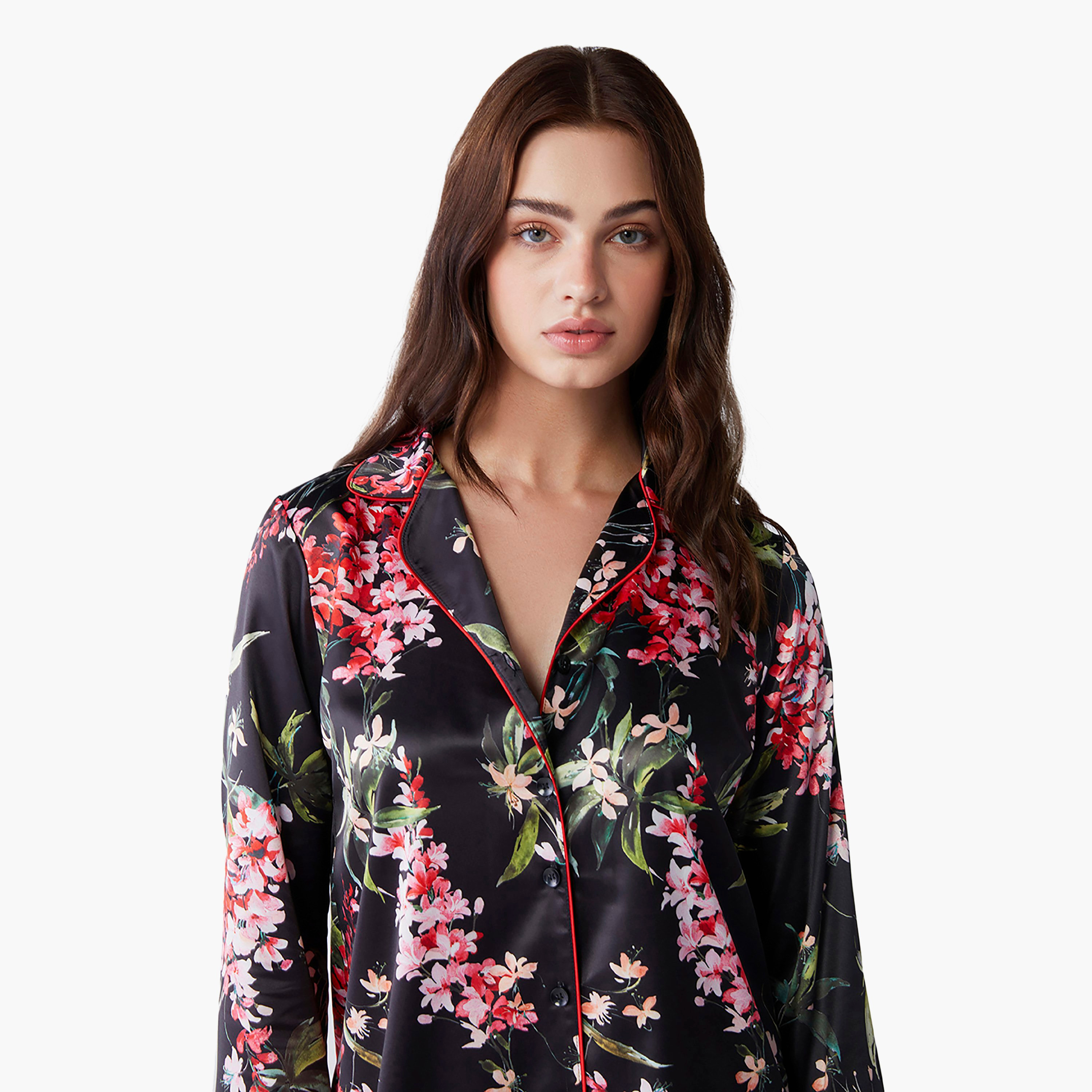 طقم بيجامة مع قميص داخلي بياقة مزهر وبيجامة نسائية من بيني موود-women-clothing-nightwear-pyjamas-longsets-image-2