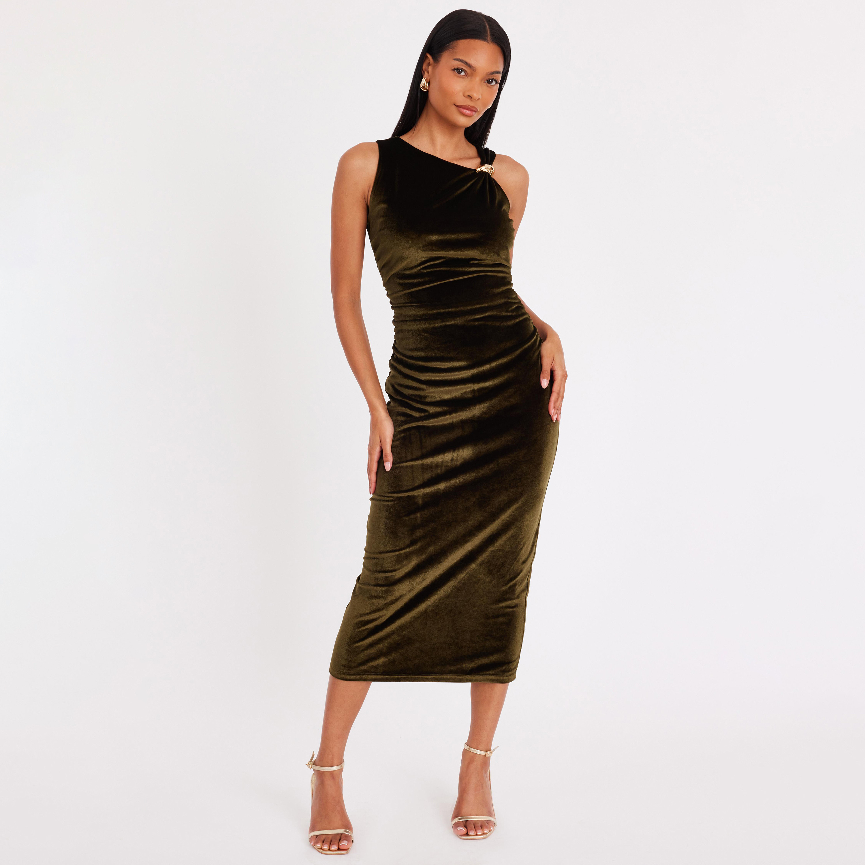Quiz Olive Velvet Asymmetric Neck Column Women's Dress-women-clothing-dresses-image-1