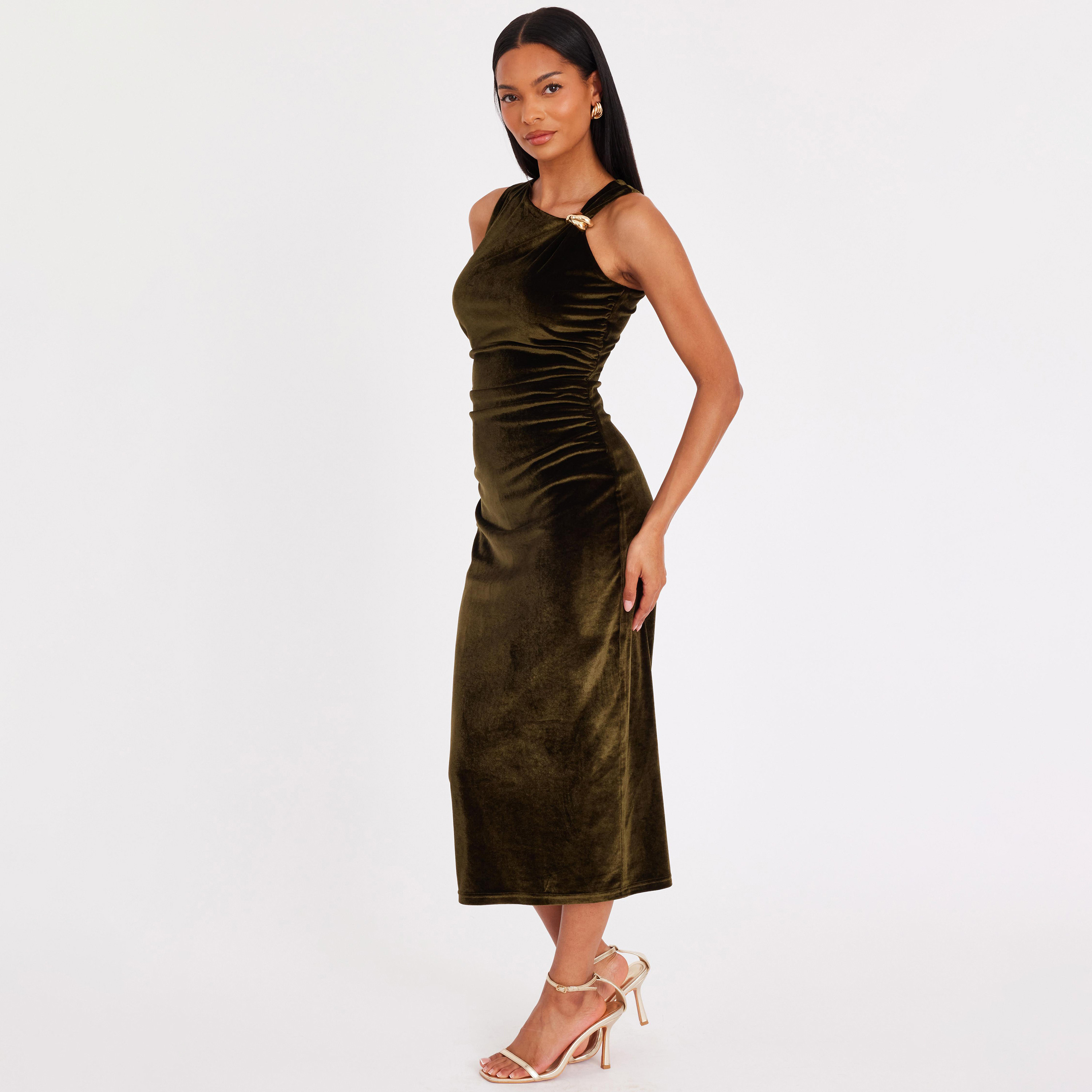 Quiz Olive Velvet Asymmetric Neck Column Women's Dress-women-clothing-dresses-image-2