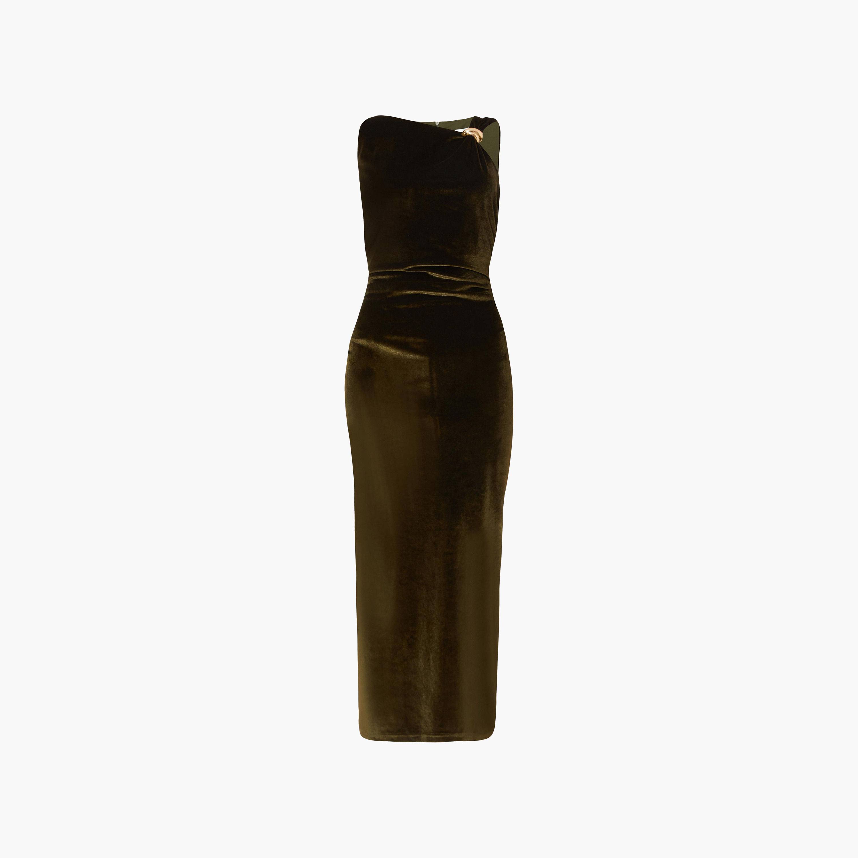Quiz Olive Velvet Asymmetric Neck Column Women's Dress-women-clothing-dresses-image-5