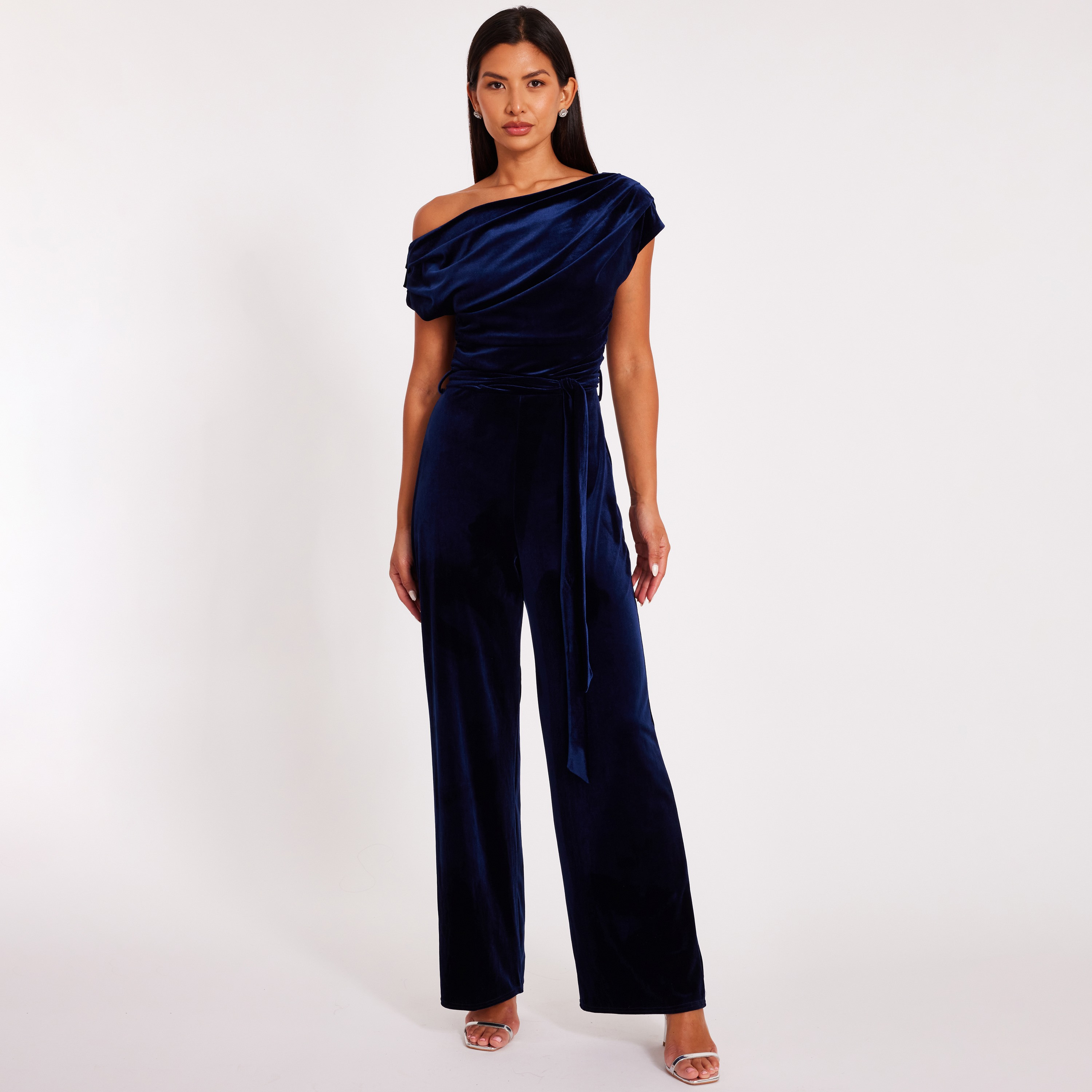 Quiz Navy Ruched Velvet One Shoulder Women's Jumpsuit-women-clothing-jumpsuits-image-1