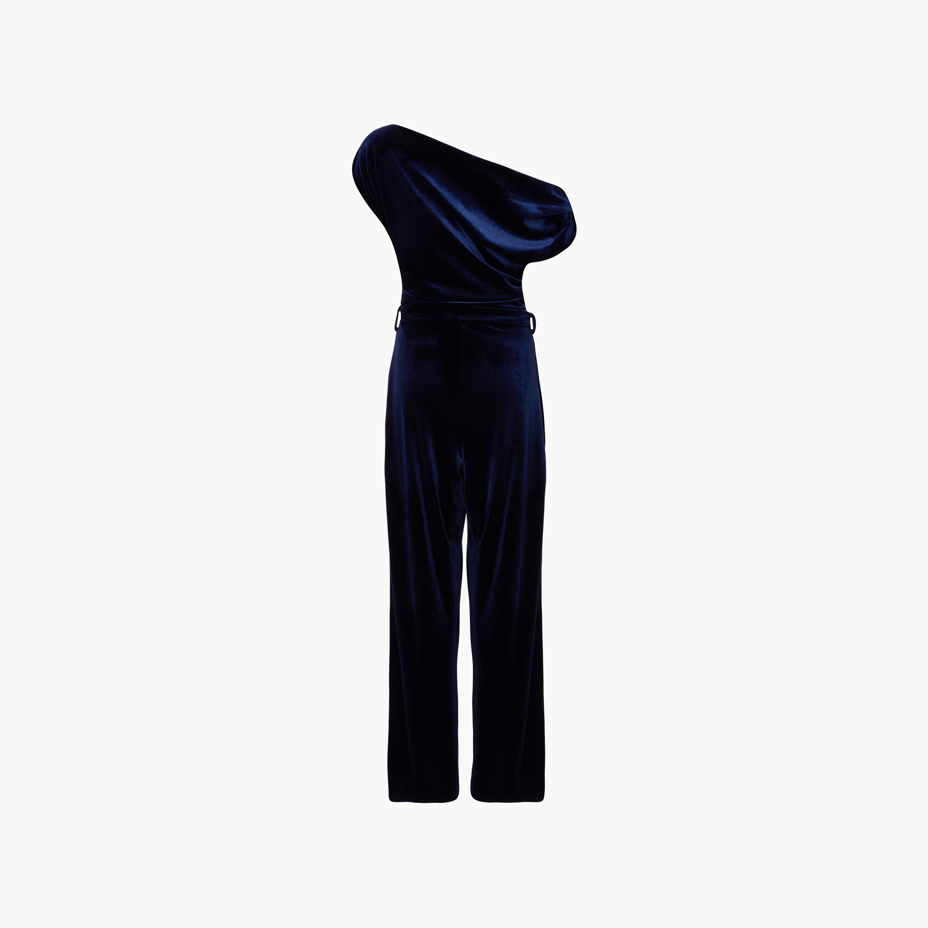جمبسوت نسائي مخملي بكتف واحد وتفاصيل مزمومة - كحلي من كويز-women-clothing-jumpsuits-image-6