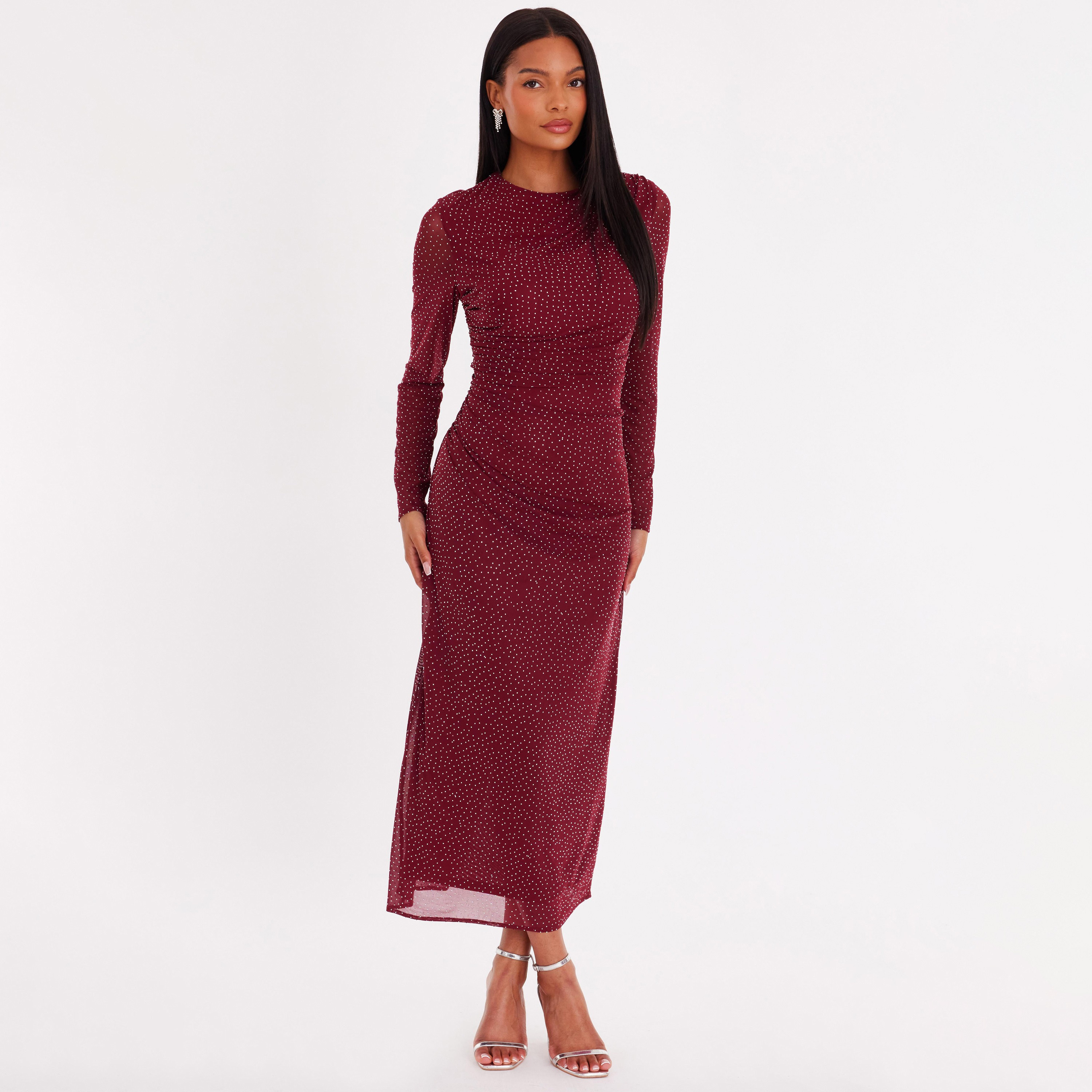 فستان نسائي "شيث" بأكمام واسعة وقماش شبكي مرصع بالفصوص - أحمر من كويز-women-clothing-dresses-image-1