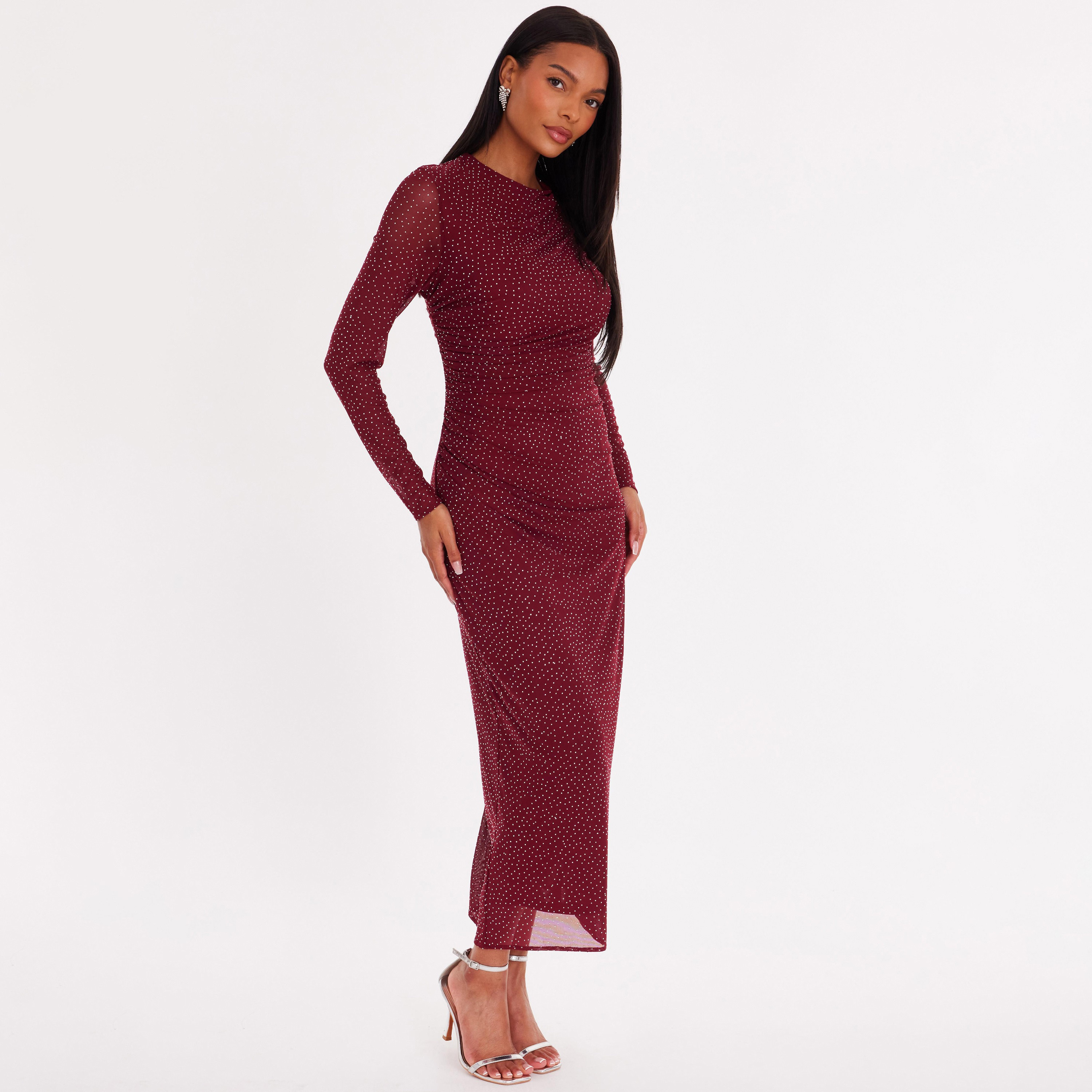 فستان نسائي "شيث" بأكمام واسعة وقماش شبكي مرصع بالفصوص - أحمر من كويز-women-clothing-dresses-image-2
