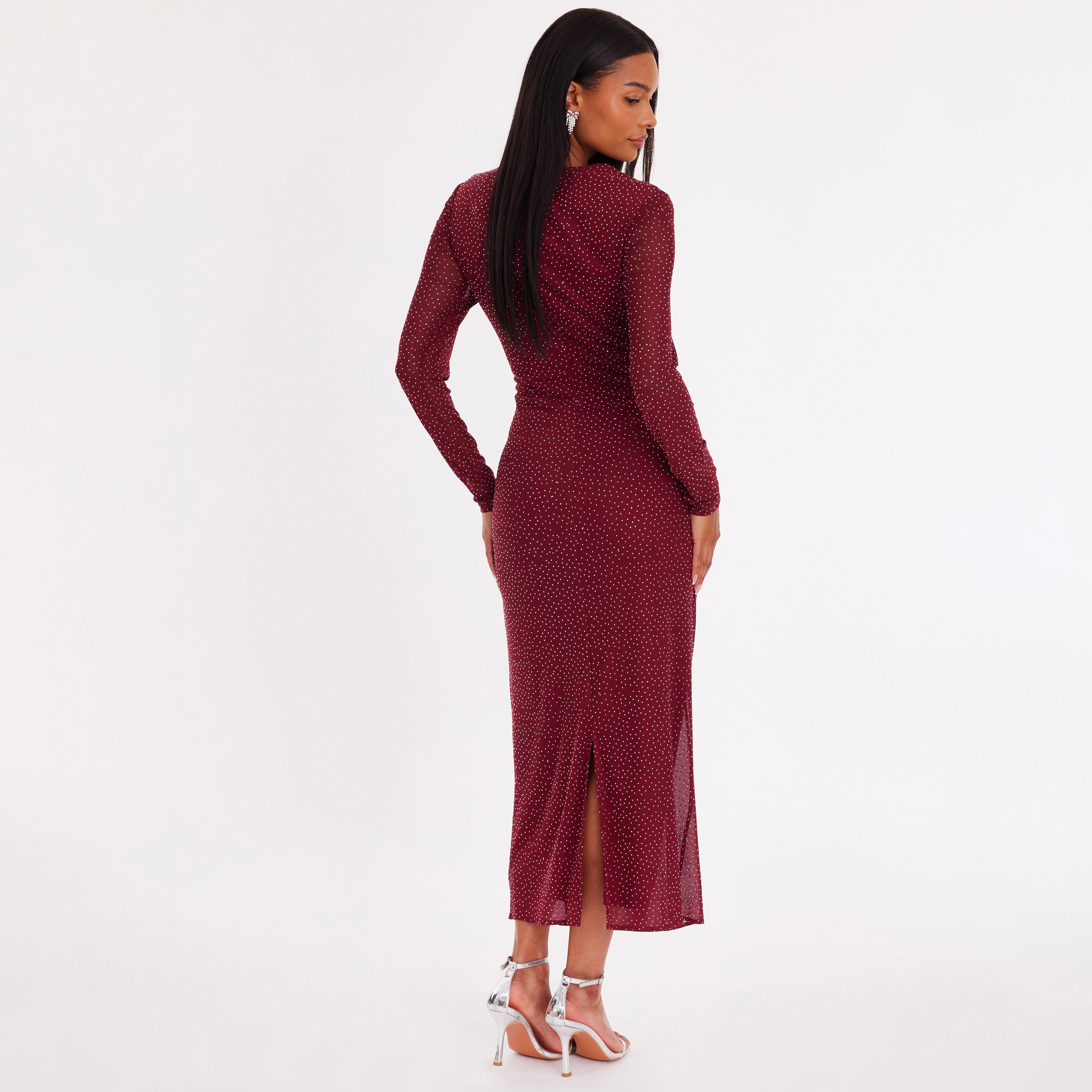 فستان نسائي "شيث" بأكمام واسعة وقماش شبكي مرصع بالفصوص - أحمر من كويز-women-clothing-dresses-image-3