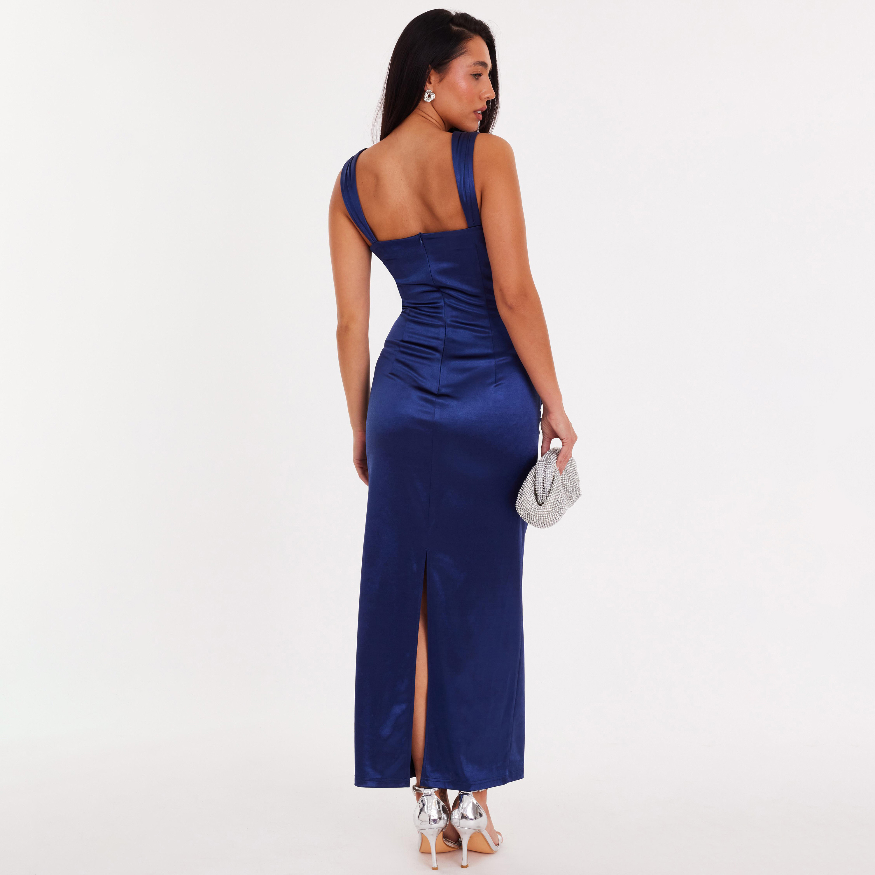 فستان نسائي بفتحة رقبة مربعة وفتحة جانبية من الساتان المزموم من كويز-women-clothing-dresses-image-3