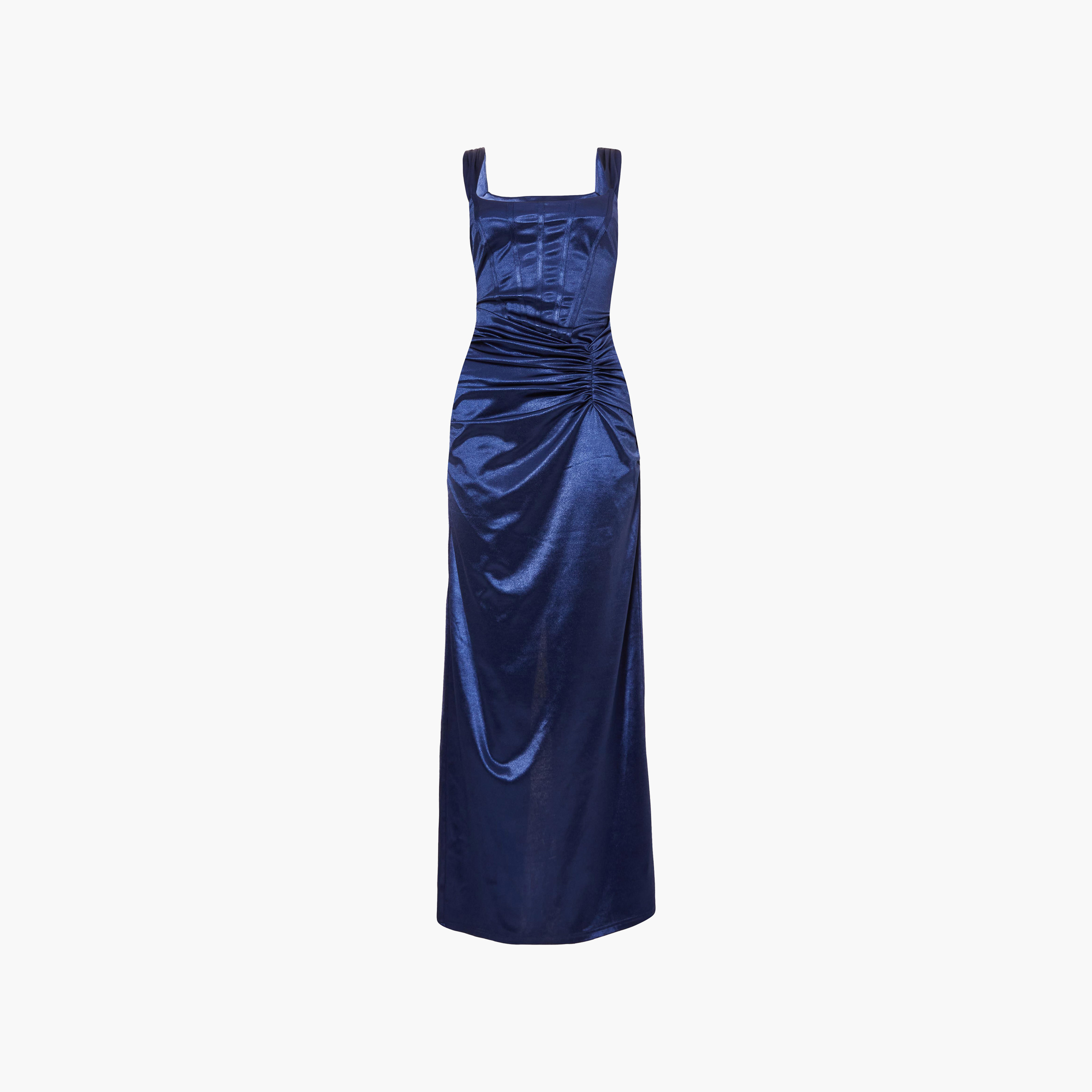فستان نسائي بفتحة رقبة مربعة وفتحة جانبية من الساتان المزموم من كويز-women-clothing-dresses-image-5