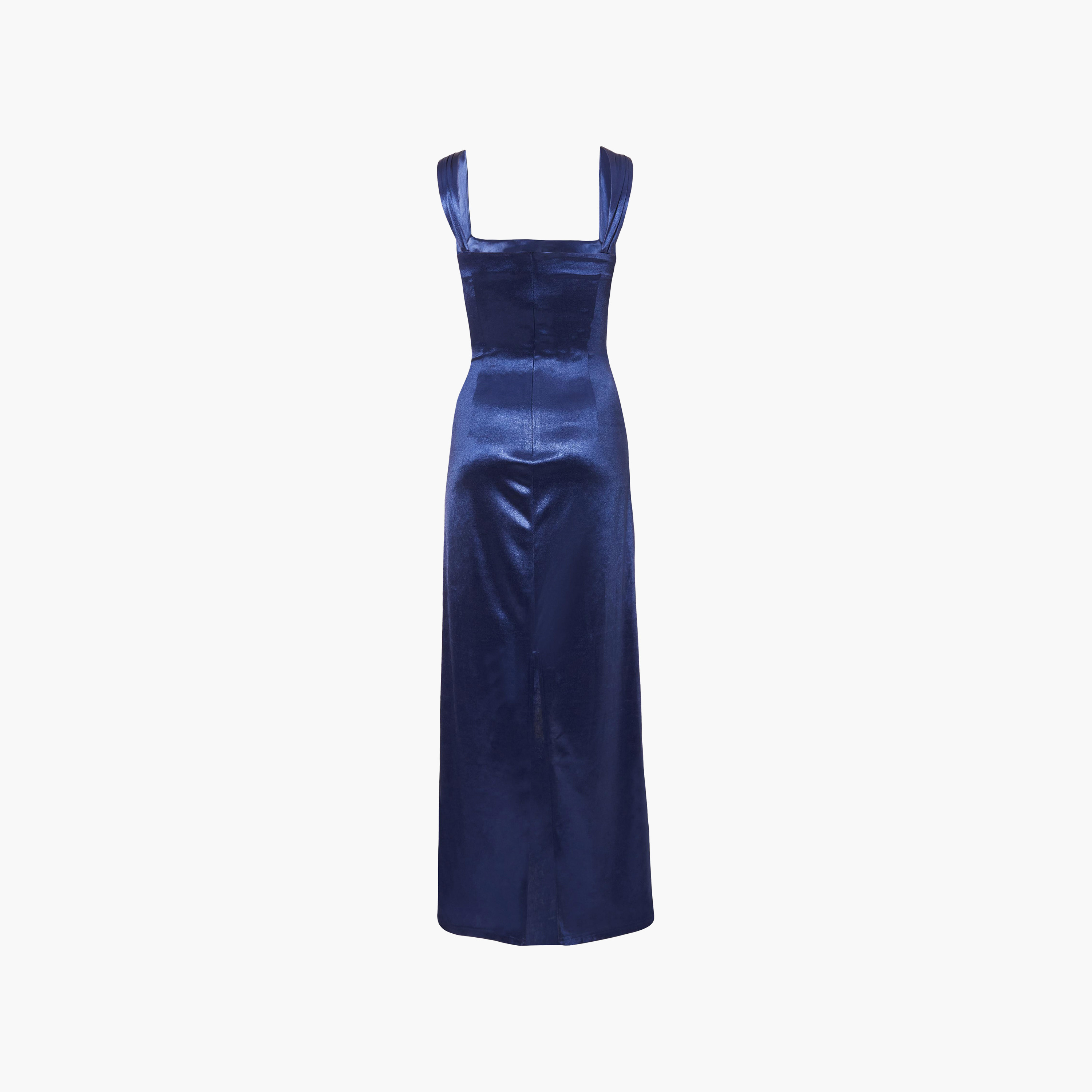 فستان نسائي بفتحة رقبة مربعة وفتحة جانبية من الساتان المزموم من كويز-women-clothing-dresses-image-6
