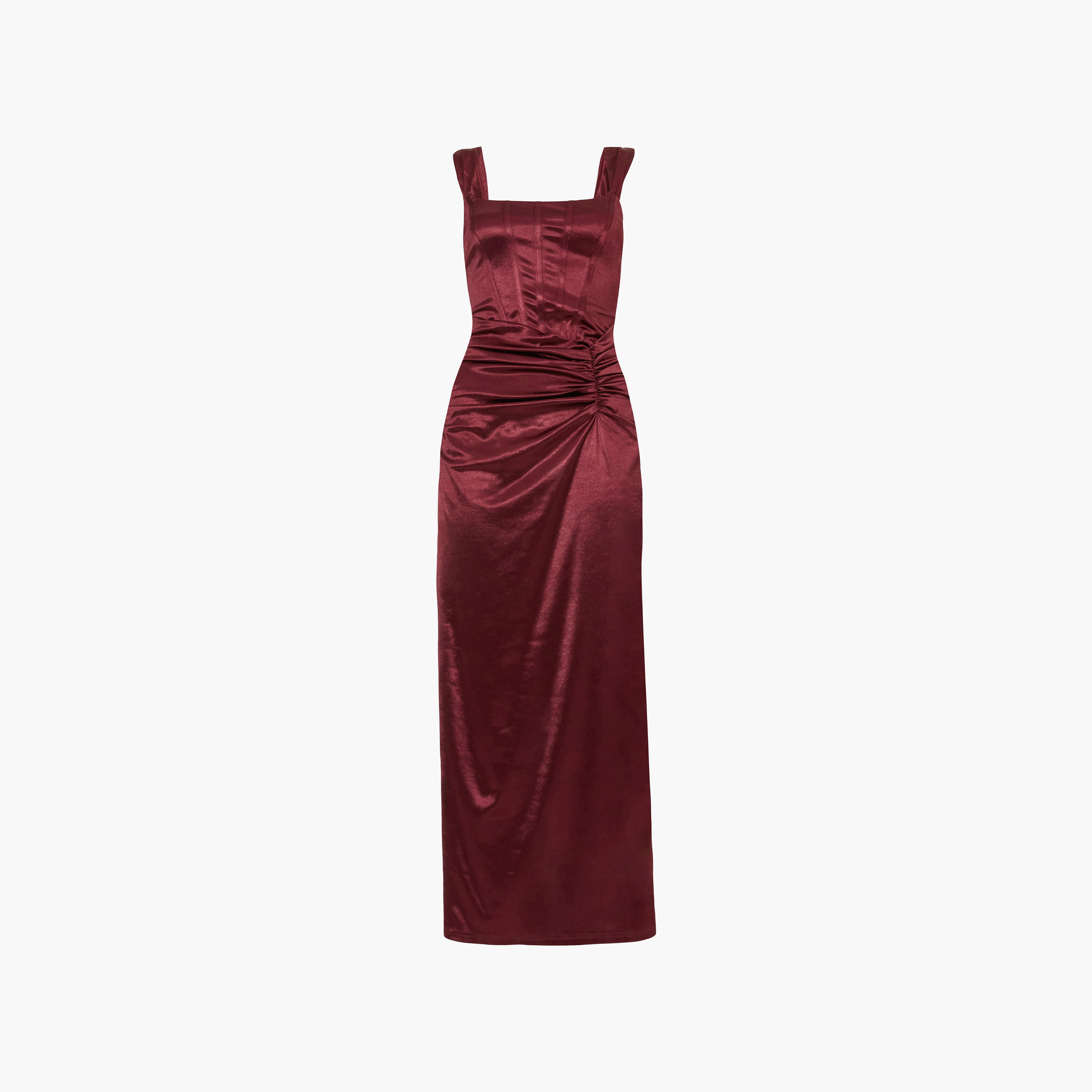 فستان نسائي بفتحة رقبة مربعة وفتحة جانبية من الساتان المزموم من كويز-women-clothing-dresses-image-11