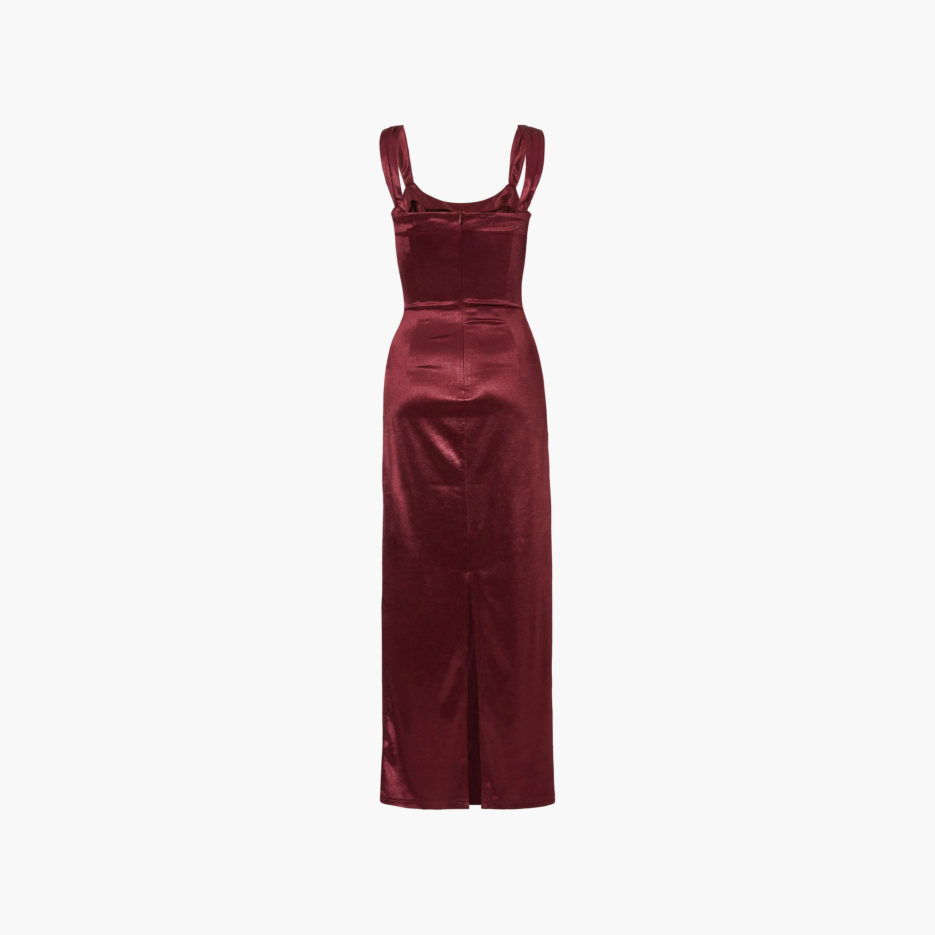فستان نسائي بفتحة رقبة مربعة وفتحة جانبية من الساتان المزموم من كويز-women-clothing-dresses-image-12