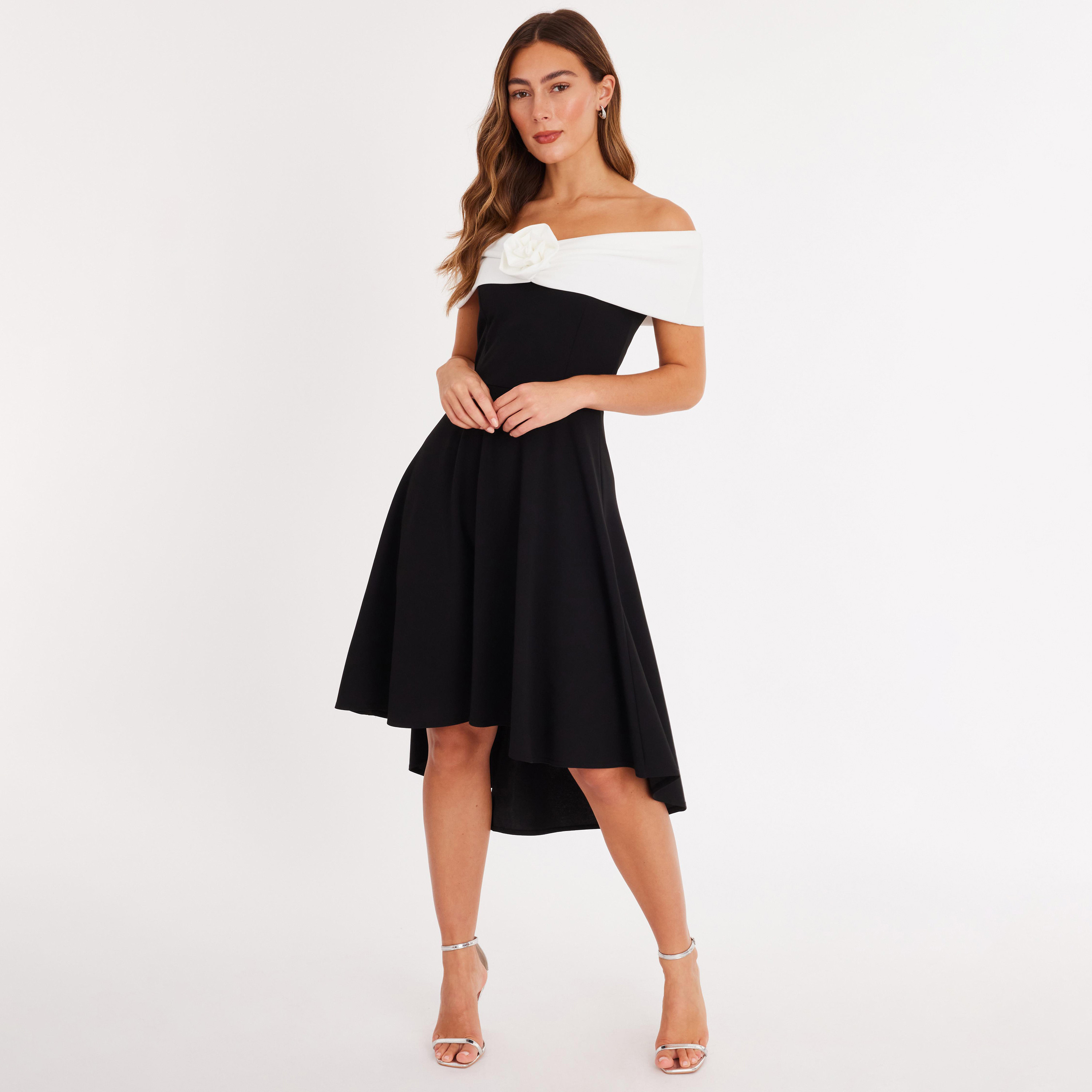 Quiz Black Colour-Blocked Scuba Crepe Bardot Neck Skater Women's Dress-women-clothing-dresses-image-1