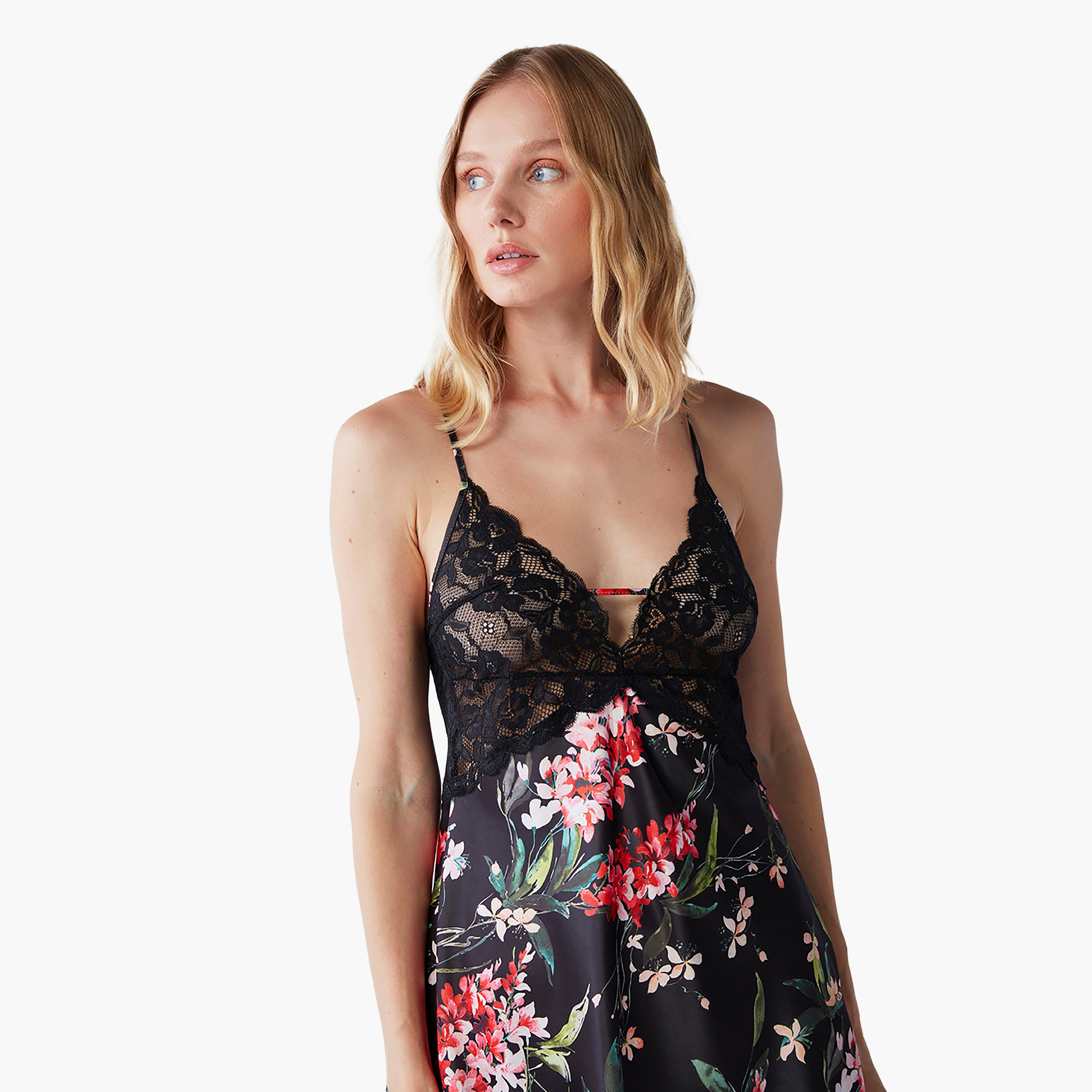 Penye Mood Printed and Lace Detail Shoulder Strap Sleeveless Women's Sleep Dress-women-clothing-nightwear-nighties-image-4