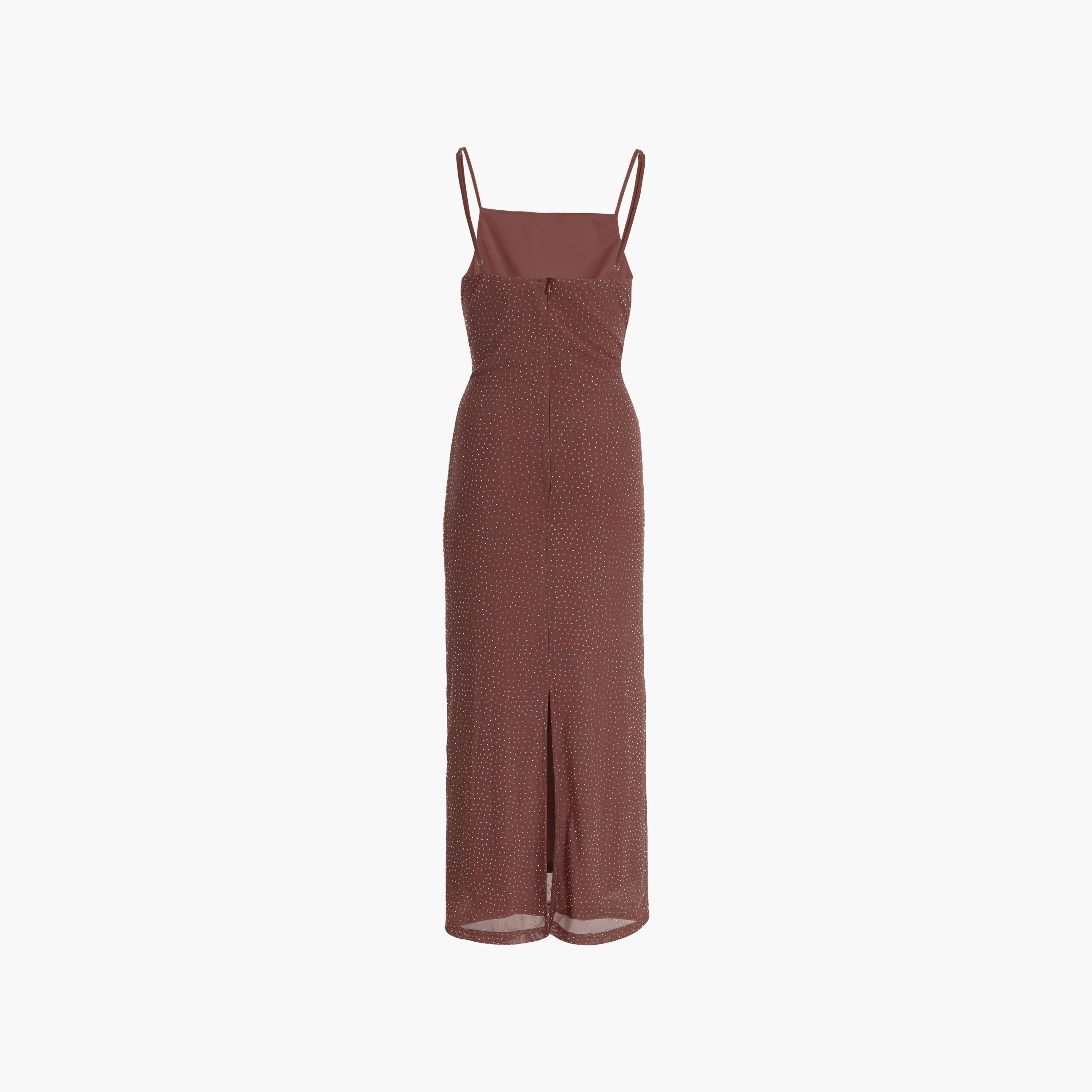 فستان نسائي مستقيم بحمالات كتف وقماش شبكي مرصع بالفصوص - موكا من كويز-women-clothing-dresses-image-6