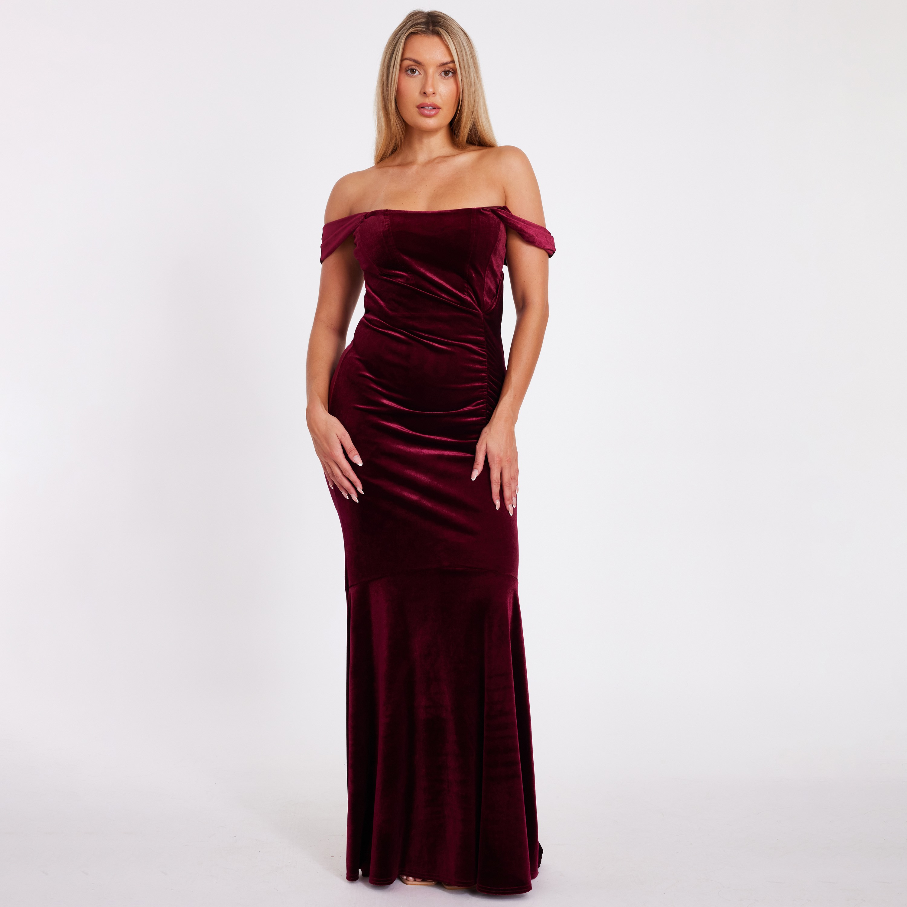 Quiz Berry Velvet Bardot Neck Mermaid Women's Dress-women-clothing-dresses-image-1