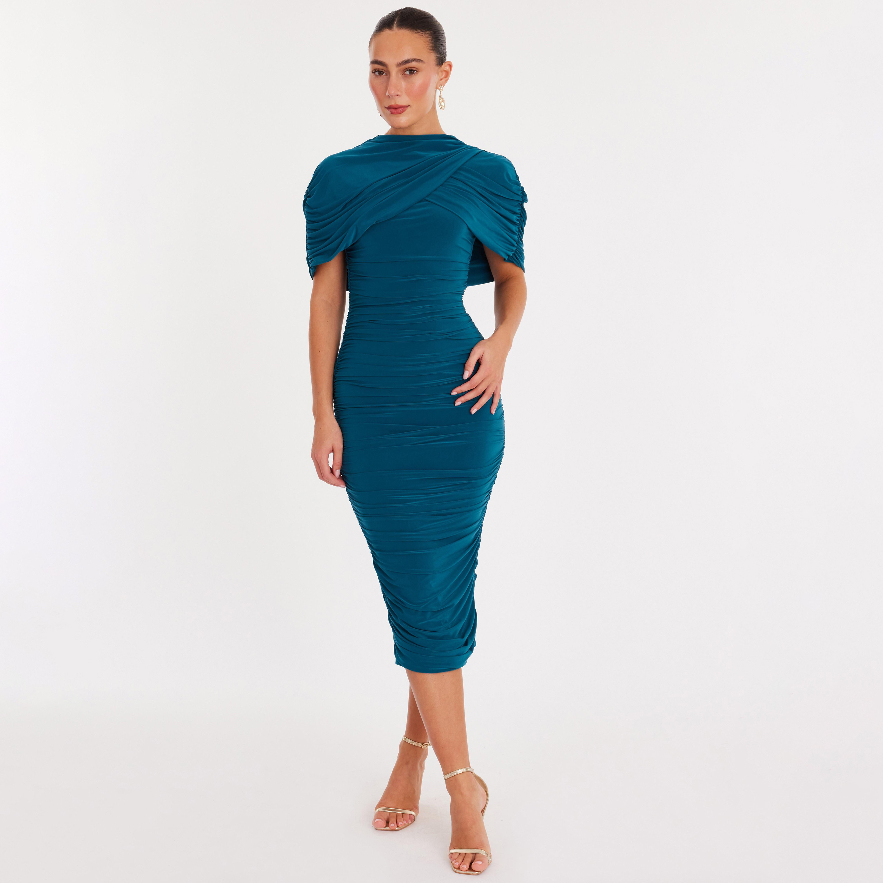 فستان نسائي ضيق بياقة عالية وتفاصيل مزمومة وطبقة إضافية قماش ITY - تيل من كويز-women-clothing-dresses-image-1
