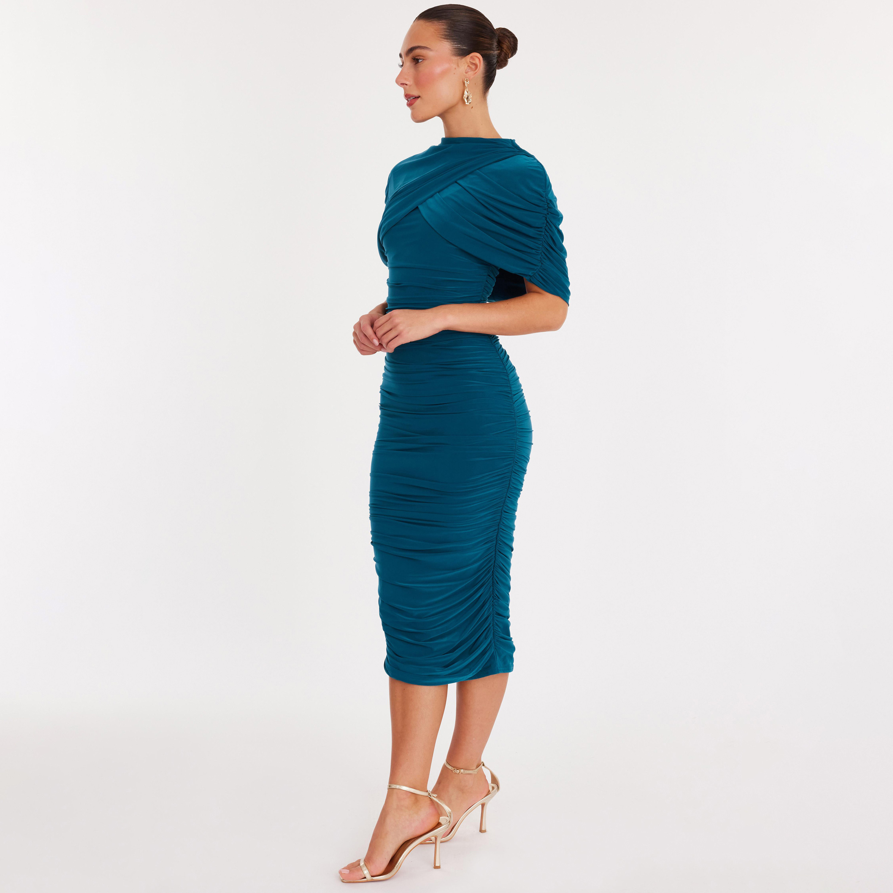 Quiz Teal Ruched ITY Mock Neck Bodycon Overlay Women's Dress-women-clothing-dresses-image-2