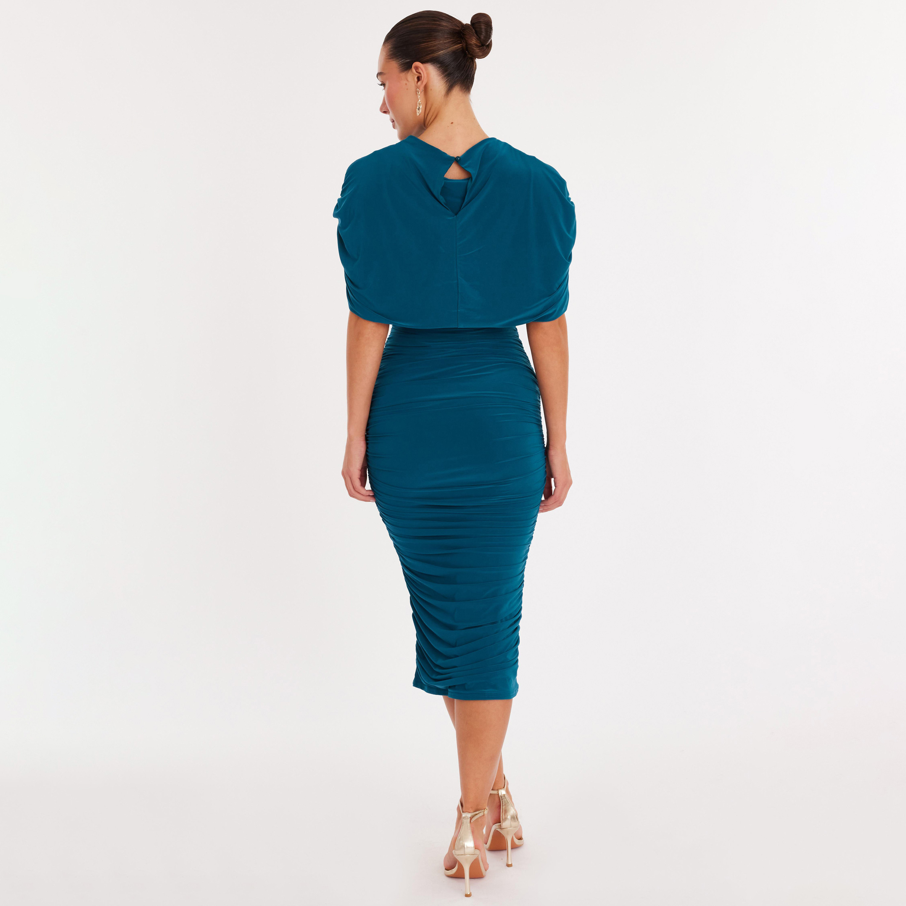 Quiz Teal Ruched ITY Mock Neck Bodycon Overlay Women's Dress-women-clothing-dresses-image-3