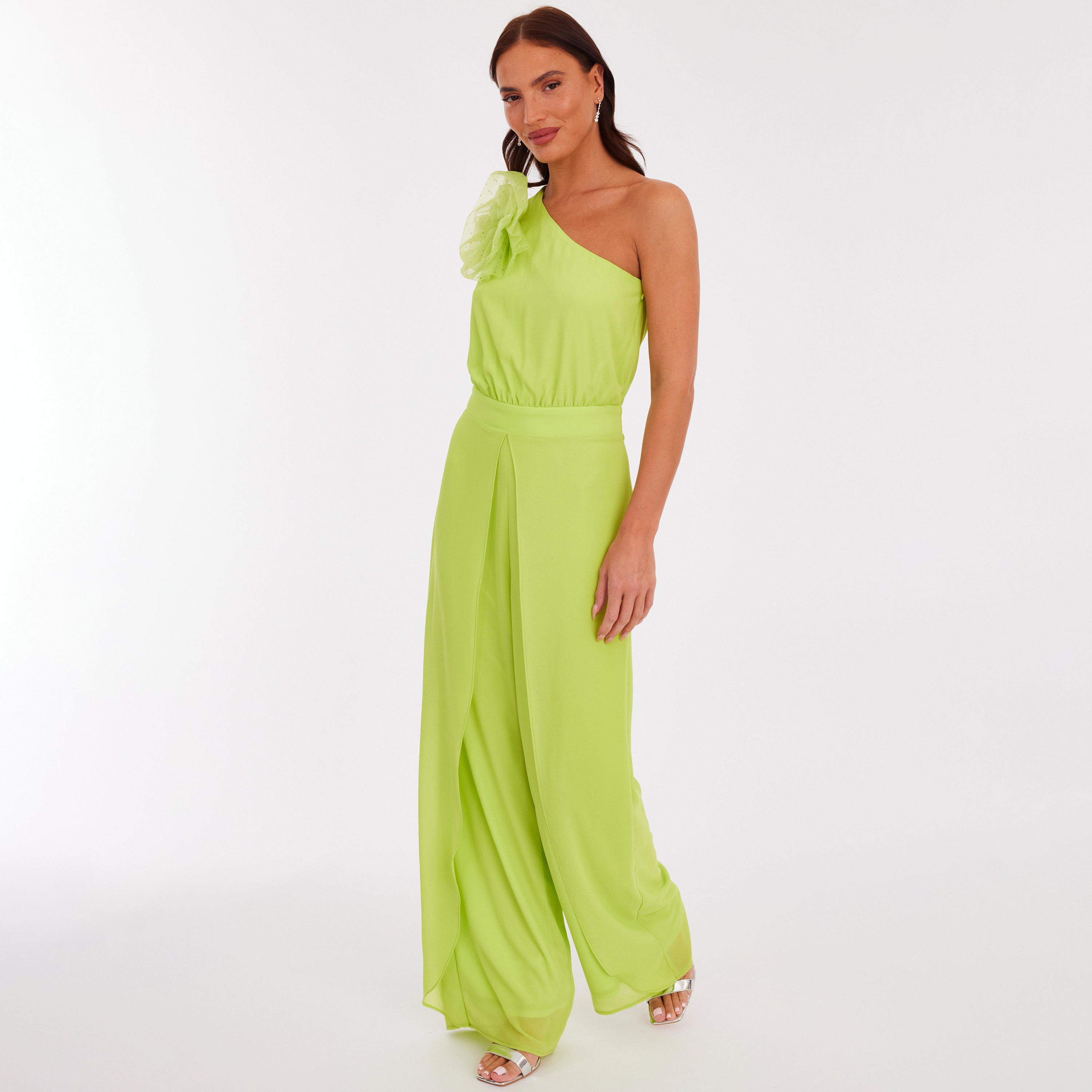 جمبسوت نسائي بكتف واحد مزين بزهور ثلاثية الأبعاد من الشيفون - ليموني من كويز-women-clothing-jumpsuits-image-2