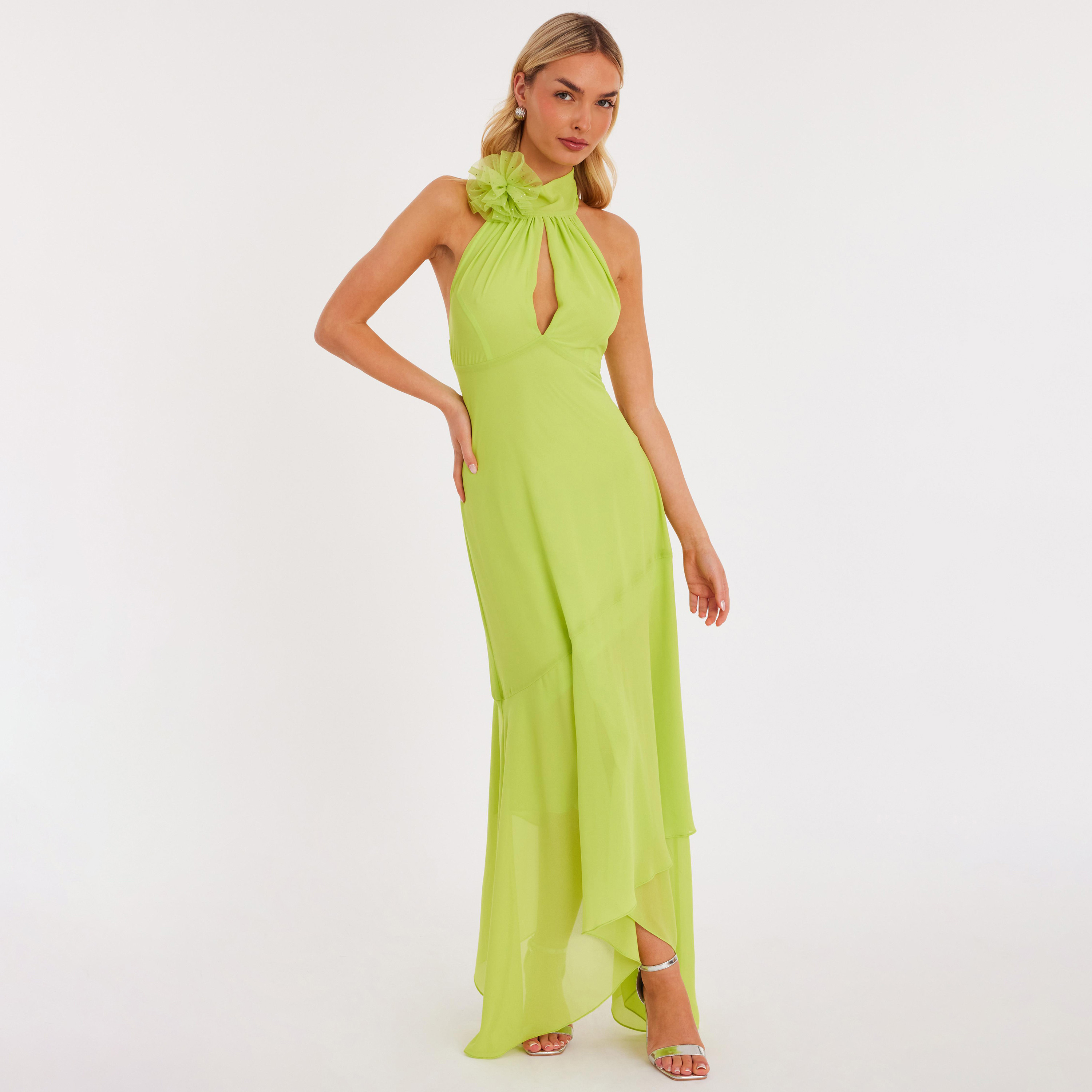 فستان نسائي لف بياقة رسن مزين بزهور ثلاثية الأبعاد من الشيفون - ليموني من كويز-women-clothing-dresses-image-1