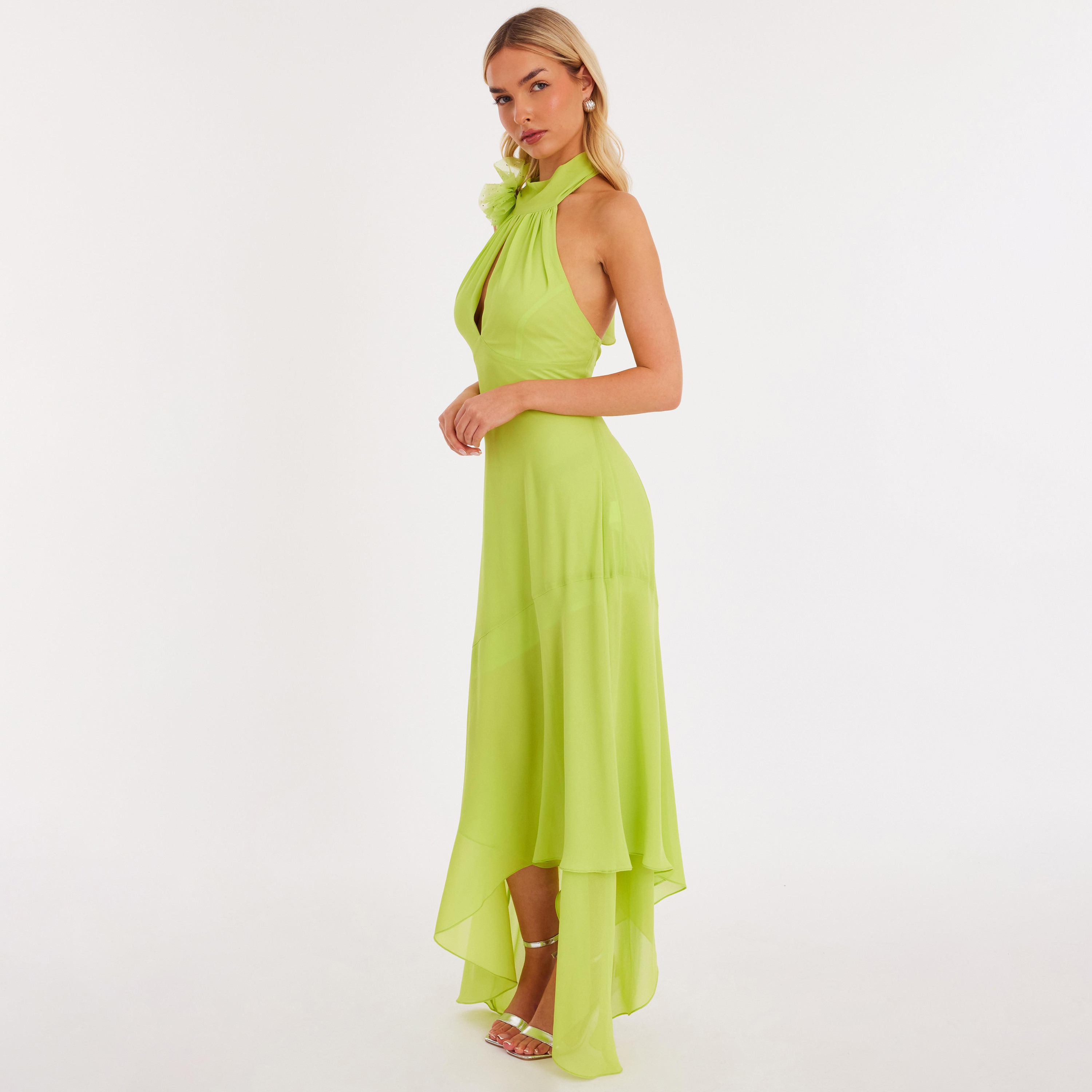 فستان نسائي لف بياقة رسن مزين بزهور ثلاثية الأبعاد من الشيفون - ليموني من كويز-women-clothing-dresses-image-2