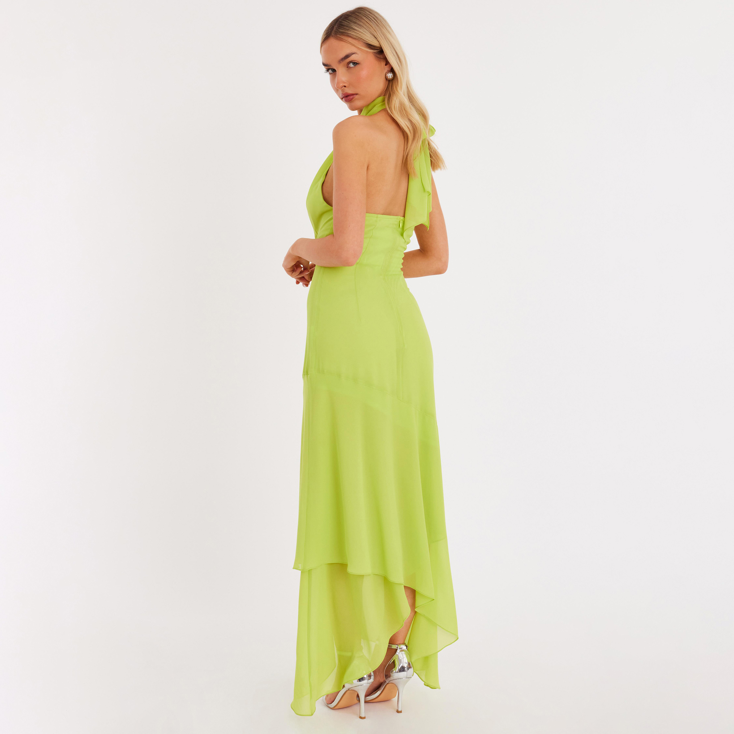 فستان نسائي لف بياقة رسن مزين بزهور ثلاثية الأبعاد من الشيفون - ليموني من كويز-women-clothing-dresses-image-3