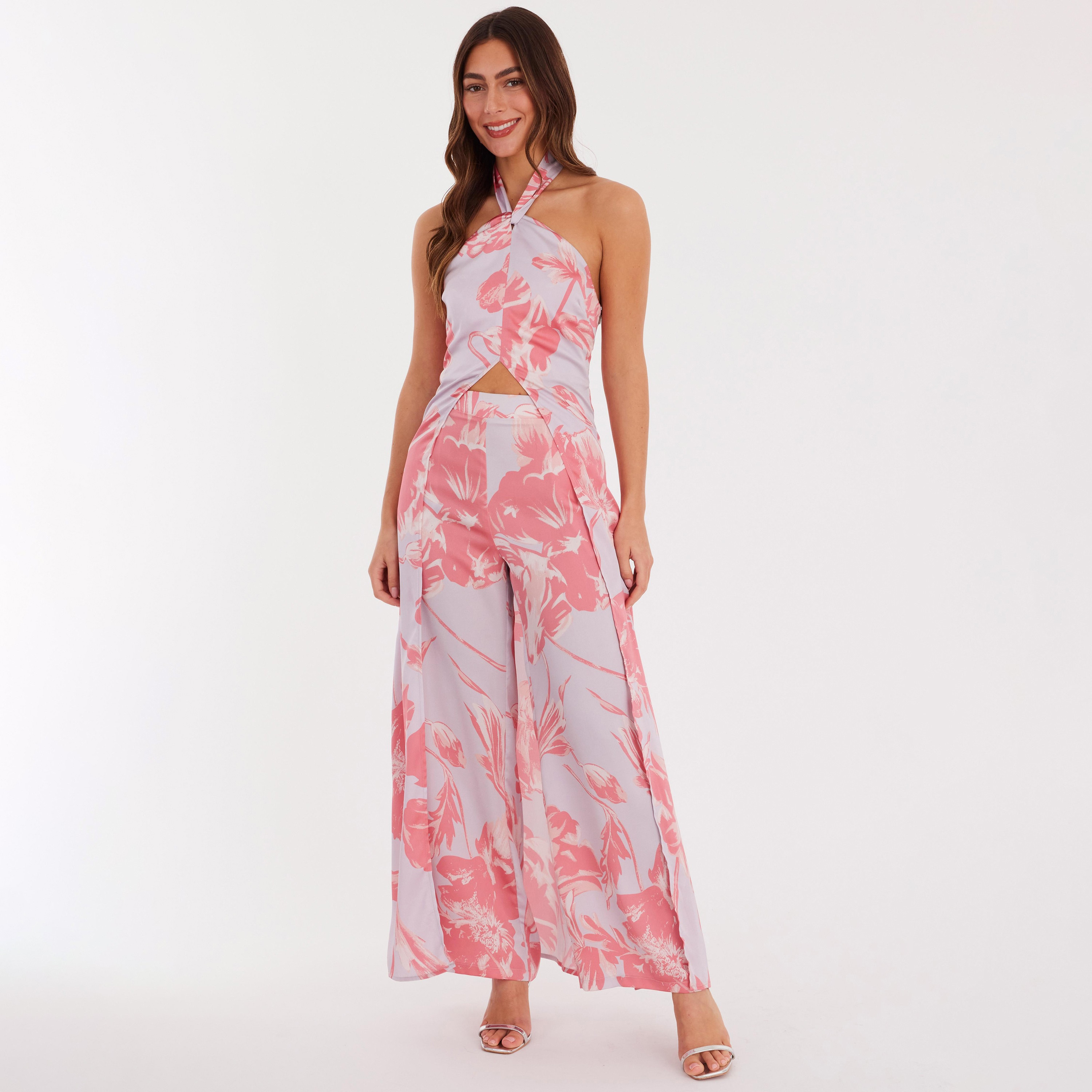 Quiz Pink Floral Print Satin Halter Neck Asymmetric Women's Dress-women-clothing-dresses-image-1