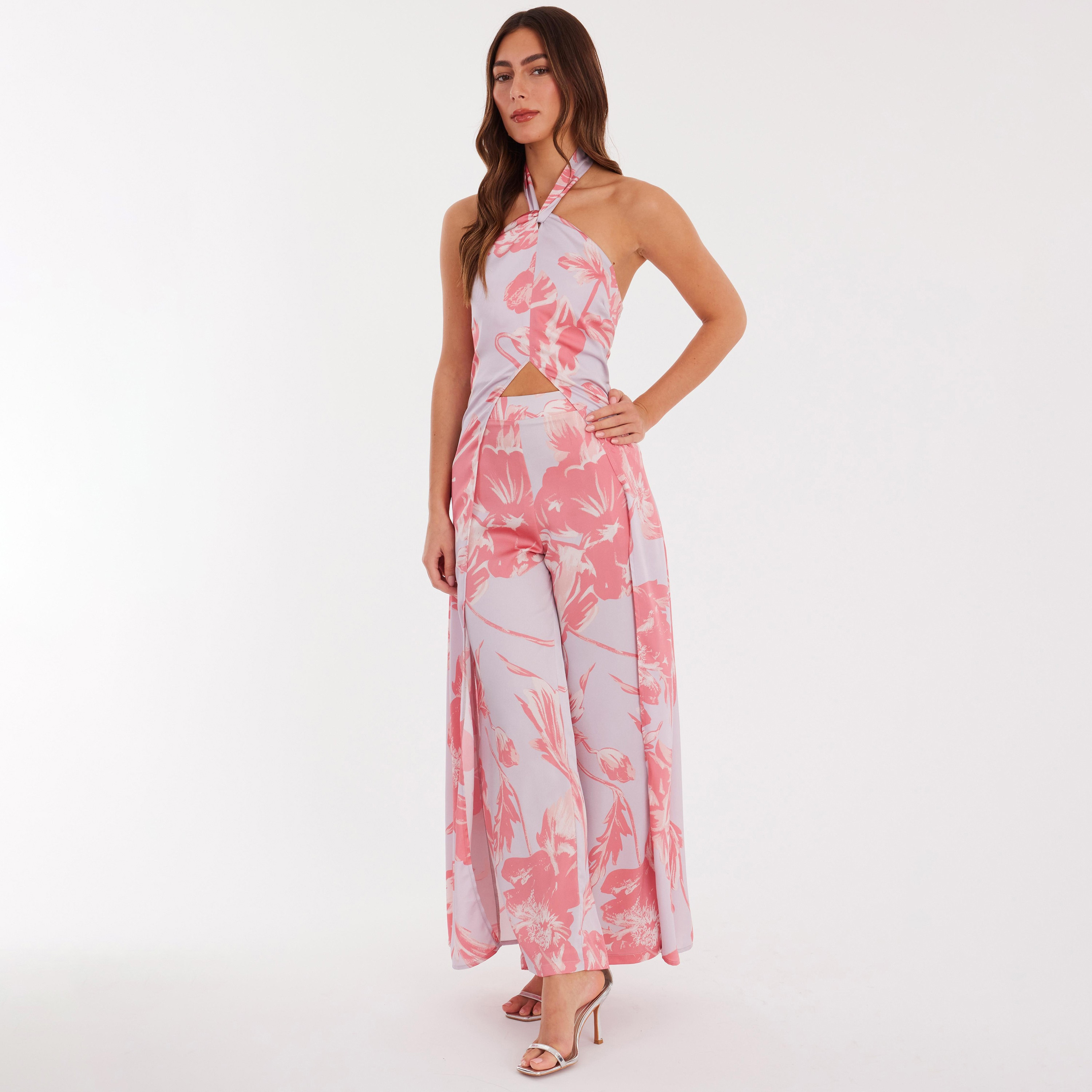 Quiz Pink Floral Print Satin Halter Neck Asymmetric Women's Dress-women-clothing-dresses-image-2