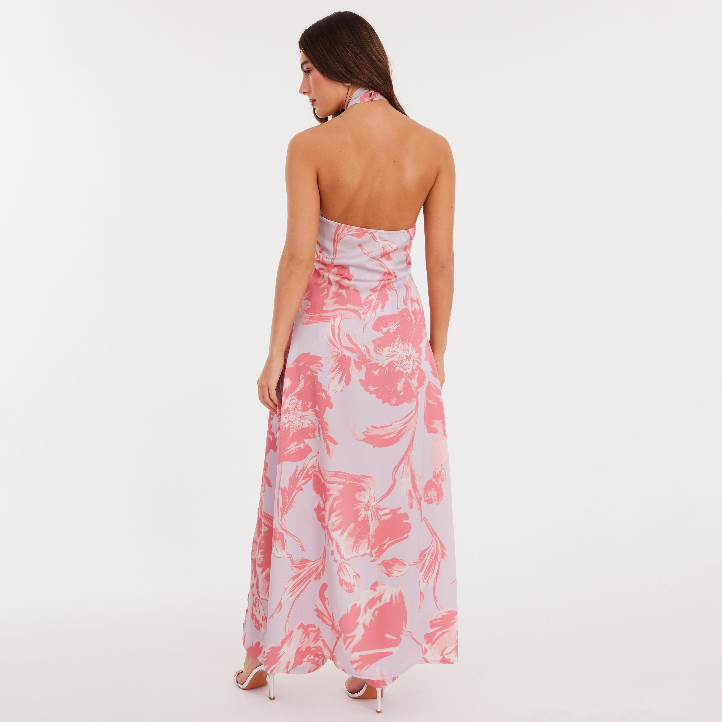 Quiz Pink Floral Print Satin Halter Neck Asymmetric Women's Dress-women-clothing-dresses-image-3