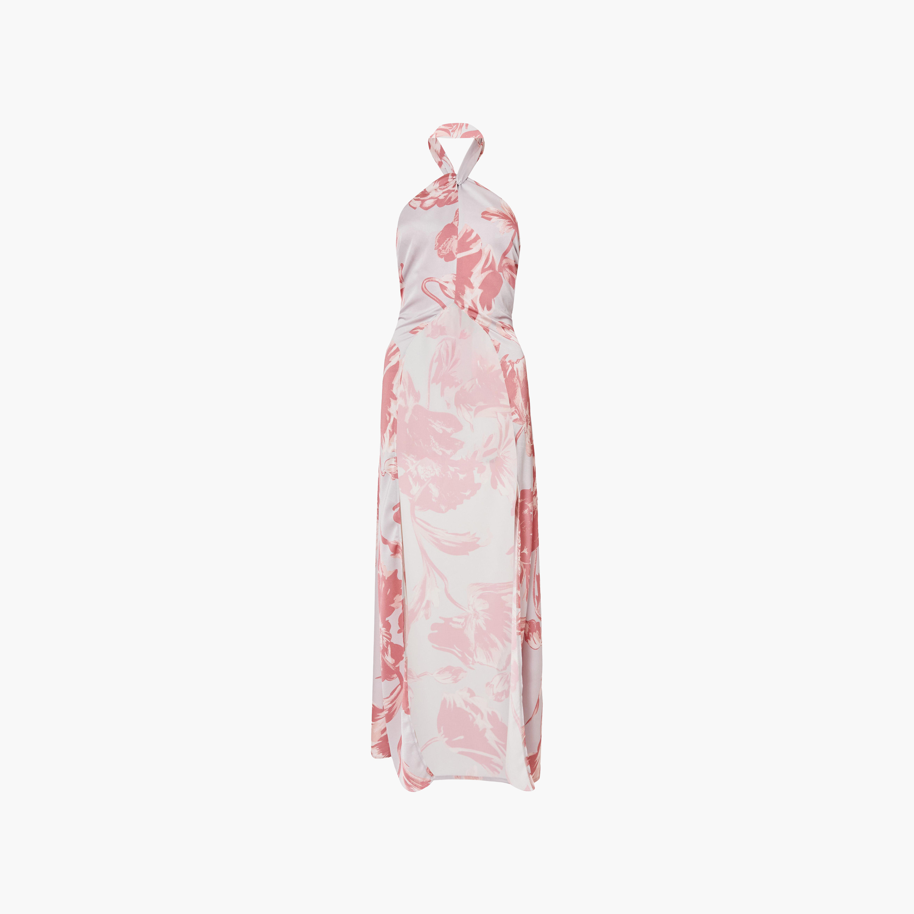 Quiz Pink Floral Print Satin Halter Neck Asymmetric Women's Dress-women-clothing-dresses-image-5
