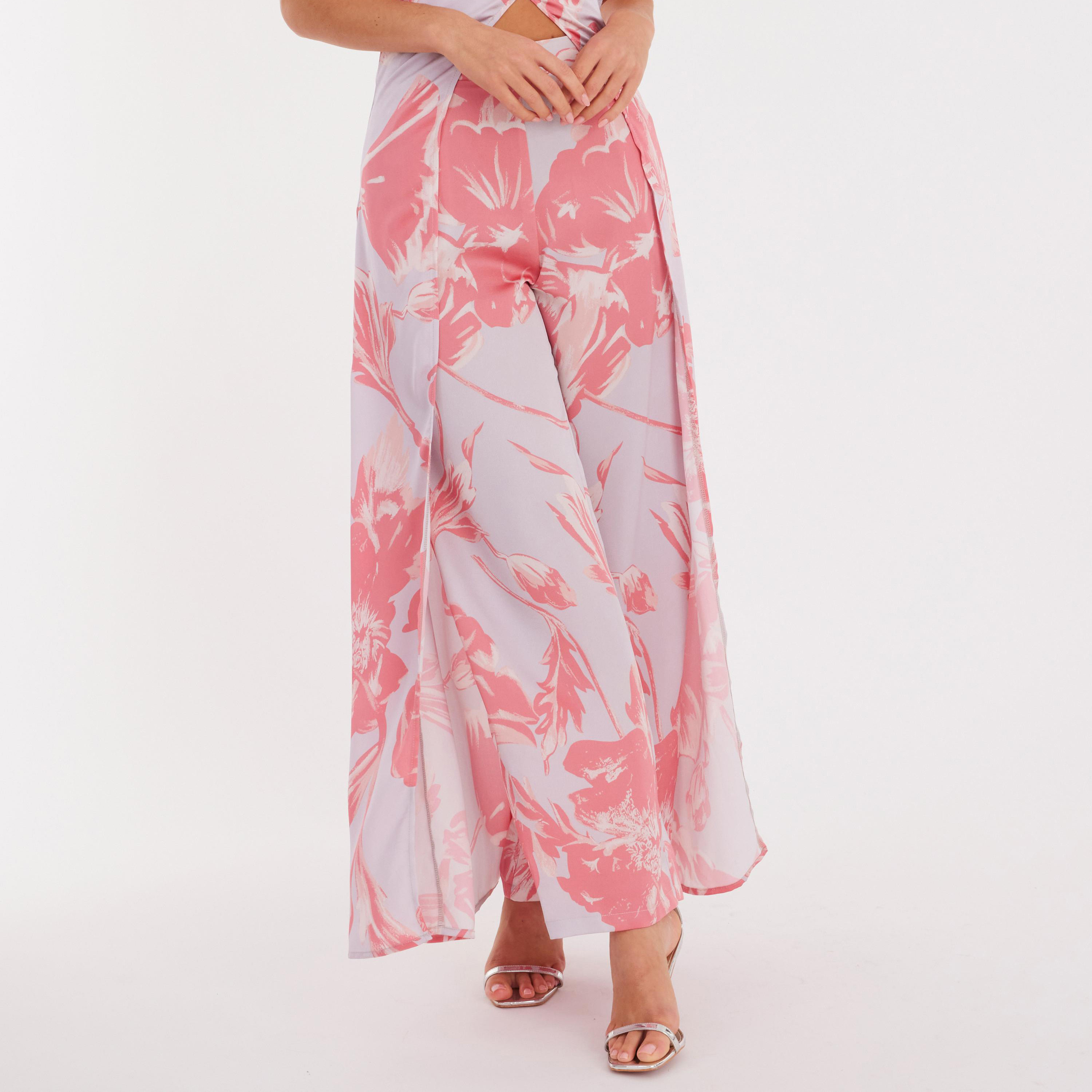 Quiz Pink Floral Print Satin Wide Leg Women's Trousers-women-clothing-bottoms-trousers-image-1