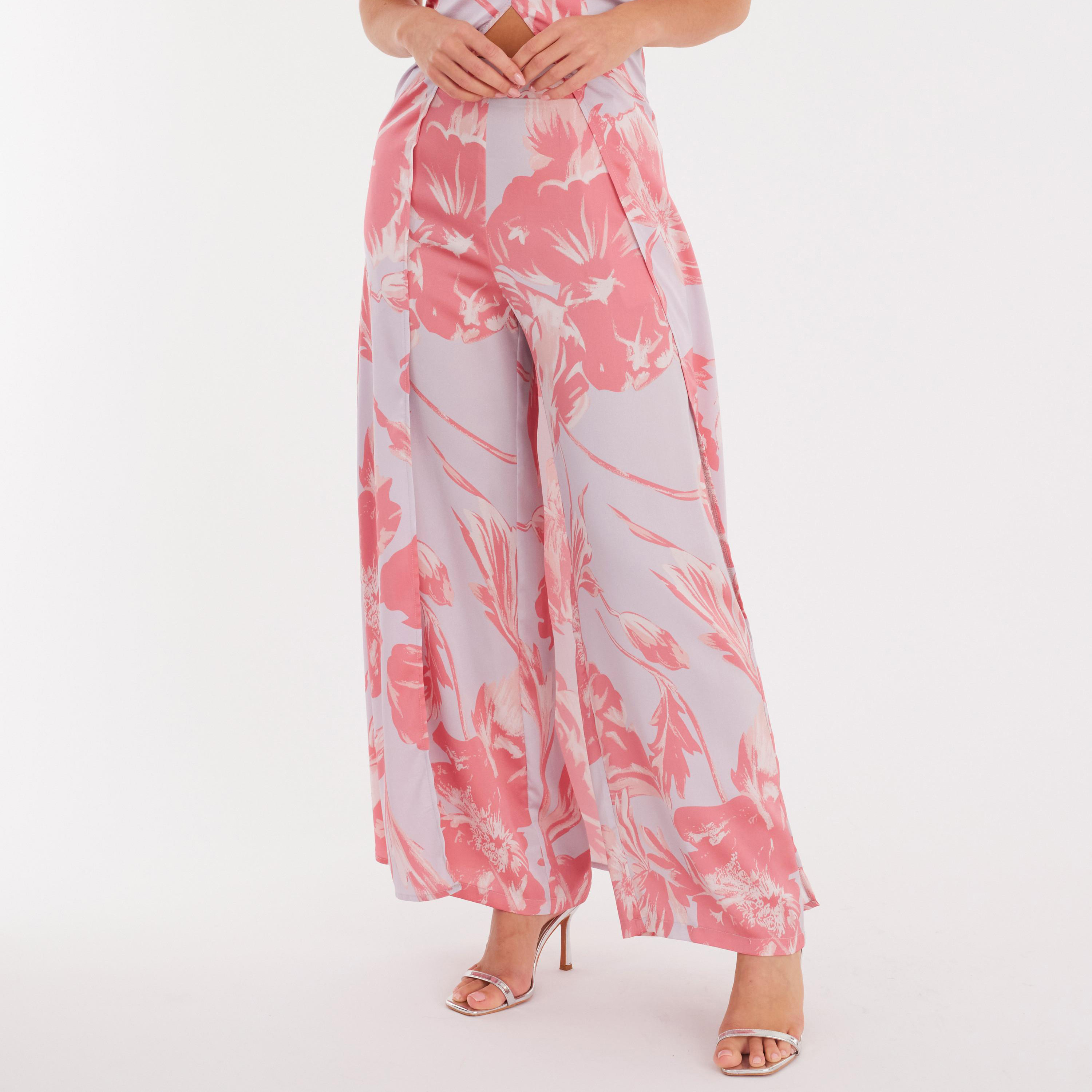 بنطلون نسائي بأرجل واسعة وطبعة زهور من الساتان - وردي من كويز-women-clothing-bottoms-trousers-image-3