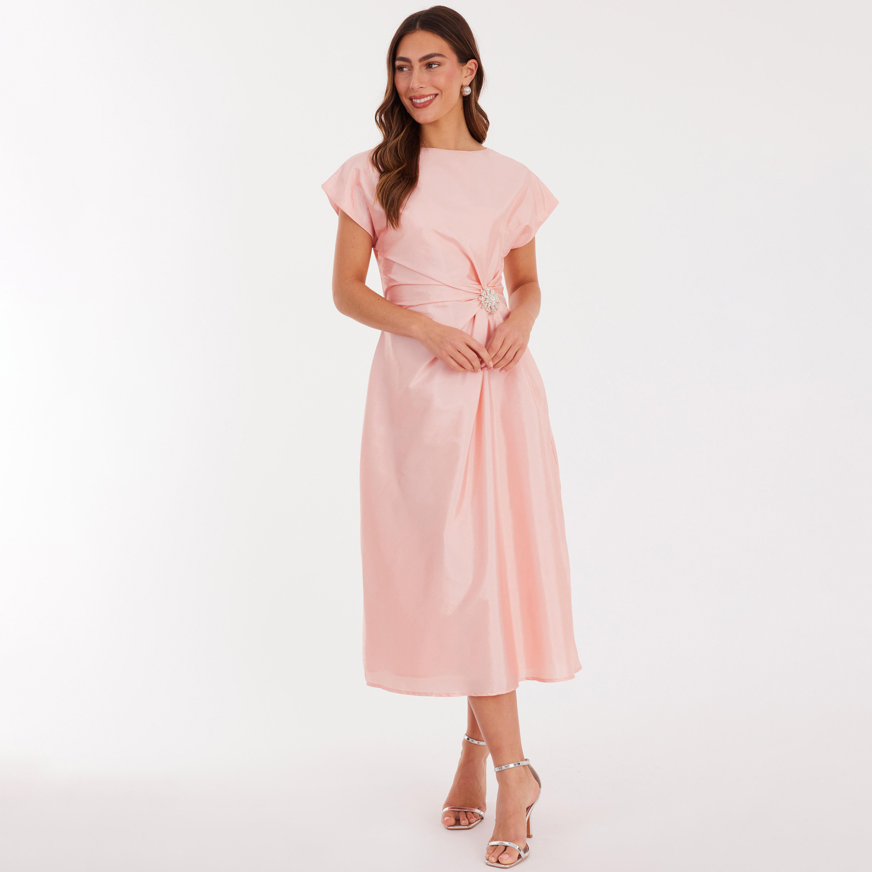 فستان نسائي بأكمام قصيرة من قماش التافتا - وردي فاتح من كويز-women-clothing-dresses-image-1