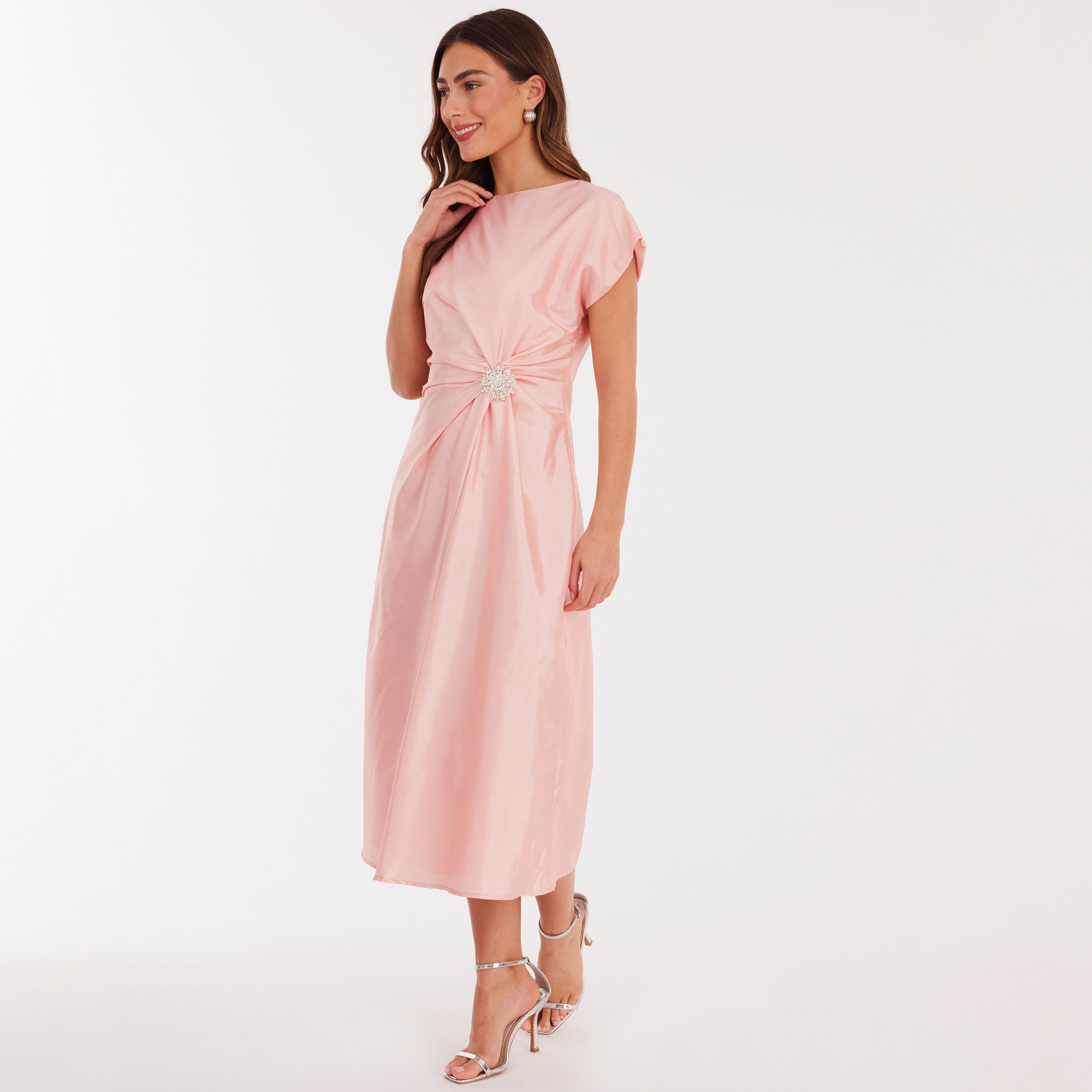 فستان نسائي بأكمام قصيرة من قماش التافتا - وردي فاتح من كويز-women-clothing-dresses-image-2