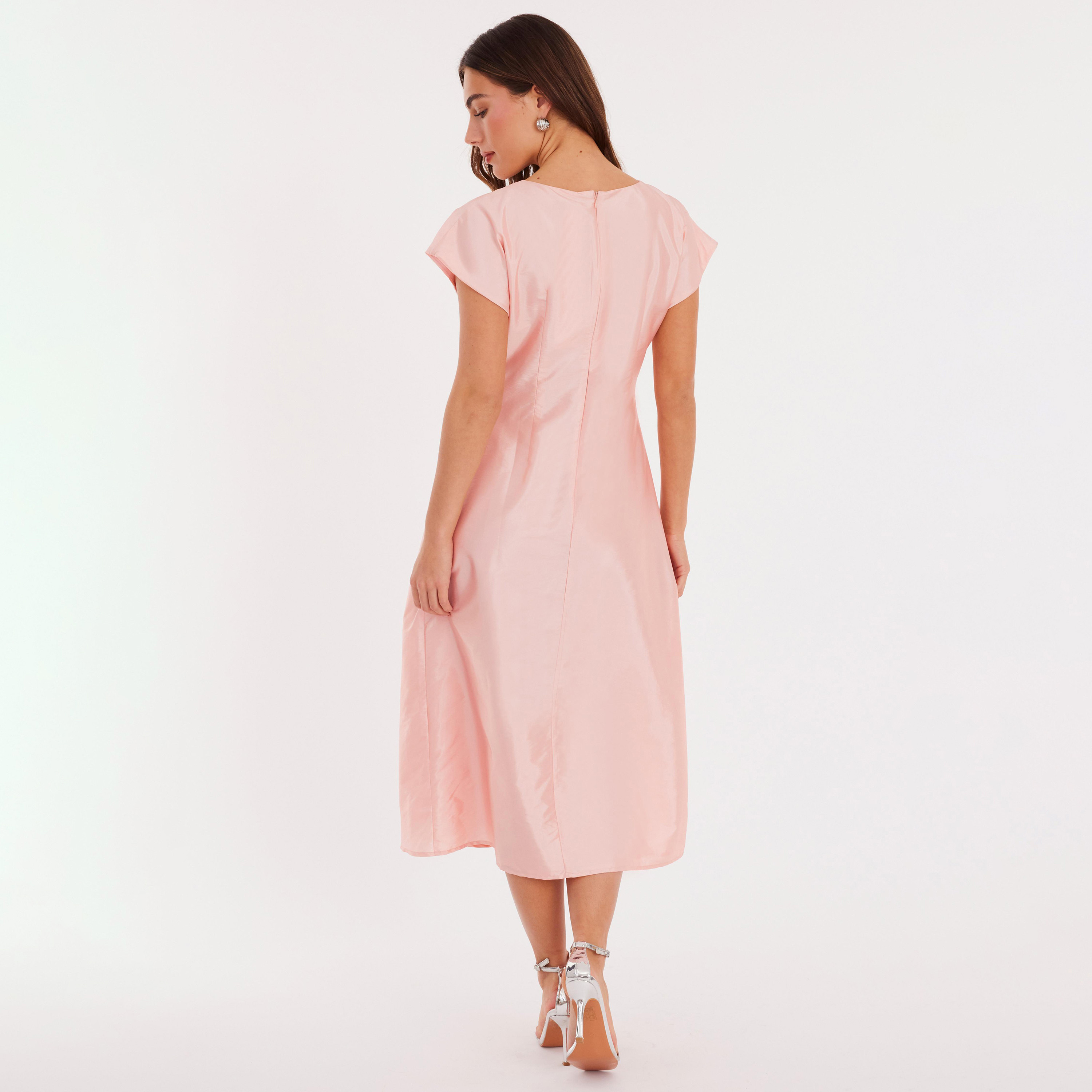 فستان نسائي بأكمام قصيرة من قماش التافتا - وردي فاتح من كويز-women-clothing-dresses-image-3