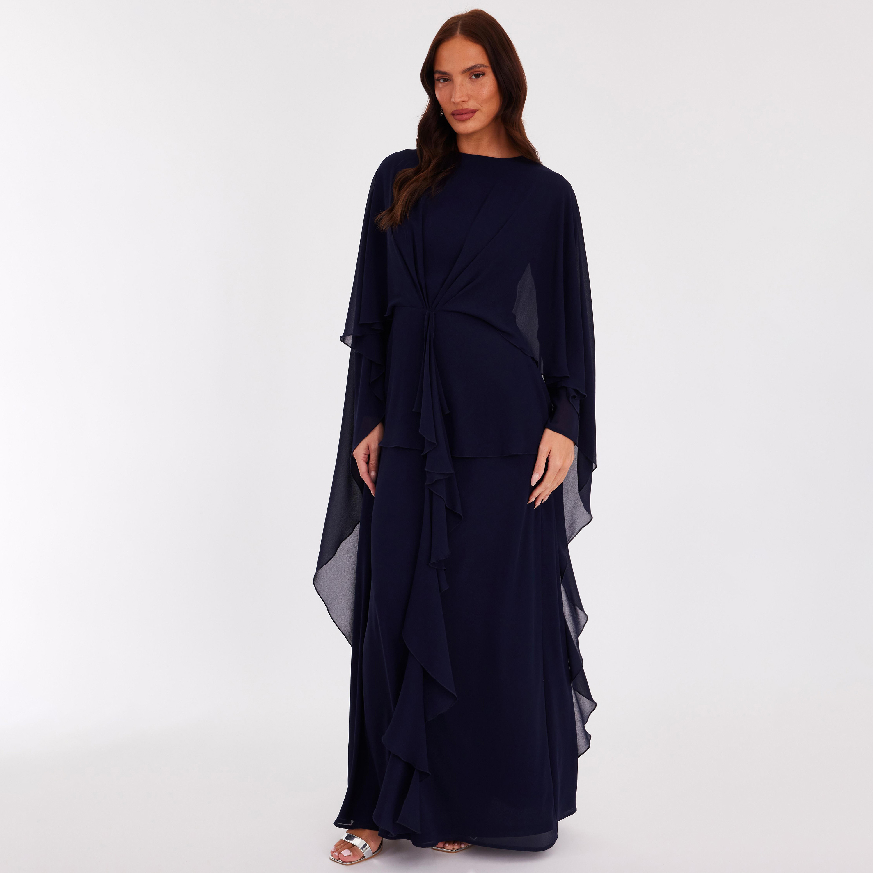 فستان نسائي بطبقة "كاب" إضافية وتصميم قفطان مع كشكش شيفون من كويز-women-clothing-dresses-image-2