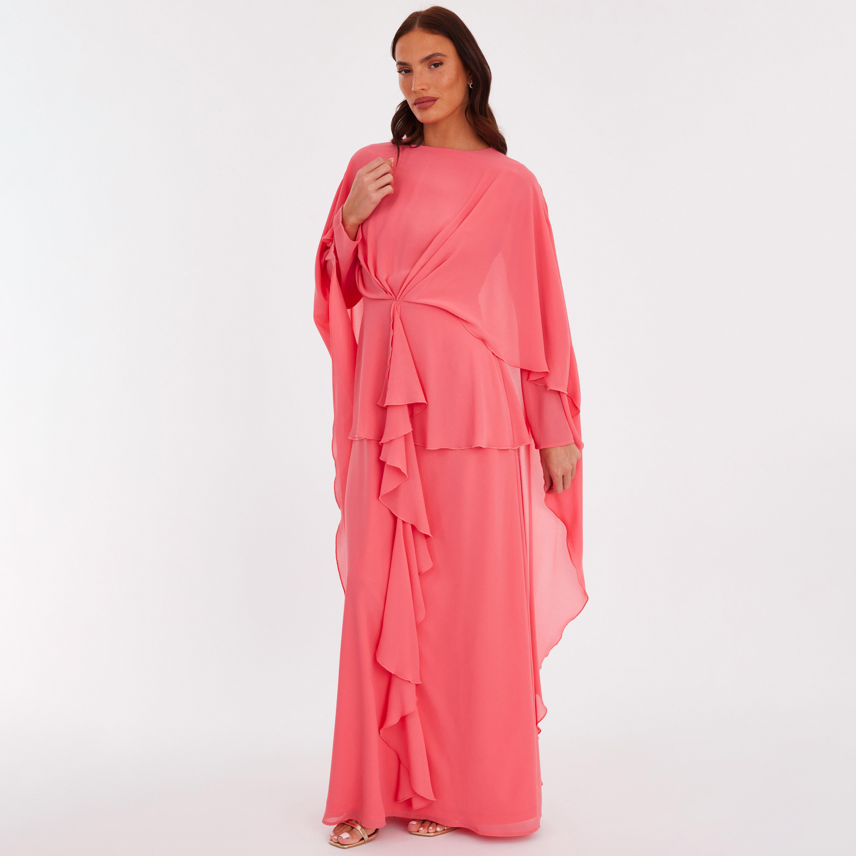 فستان نسائي بطبقة "كاب" إضافية وتصميم قفطان مع كشكش شيفون من كويز-women-clothing-dresses-image-5