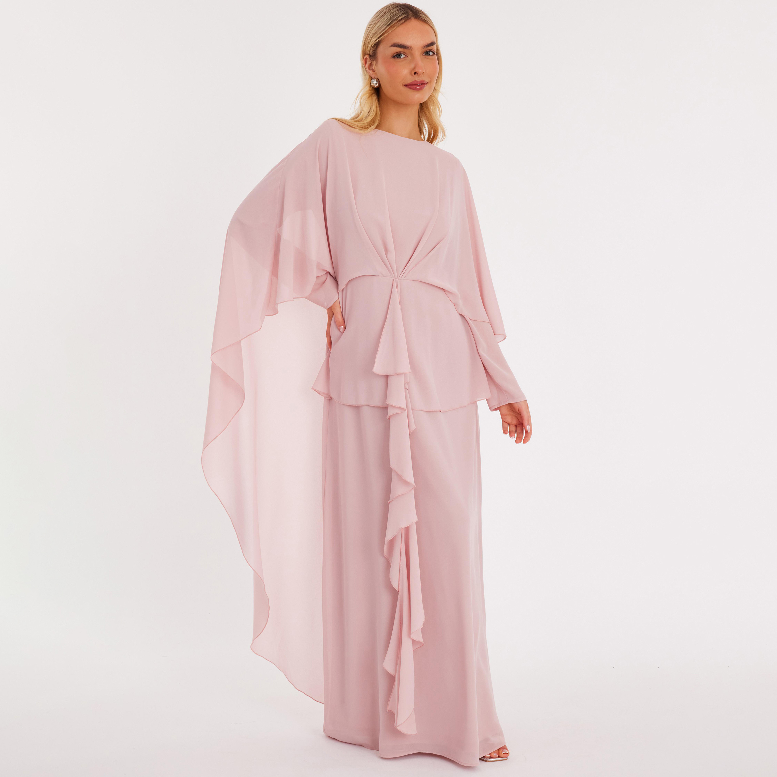 فستان نسائي بطبقة "كاب" إضافية وتصميم قفطان مع كشكش شيفون من كويز-women-clothing-dresses-image-7