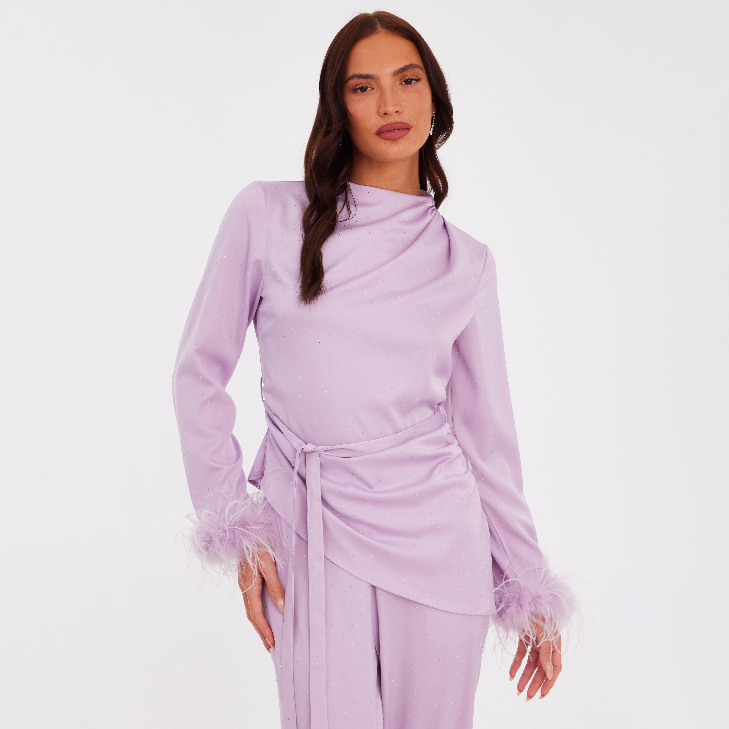 Quiz Lavender Fur-Trim Satin Mock Neck Women's Top-women-clothing-shirtsandblouses-blouses-image-1
