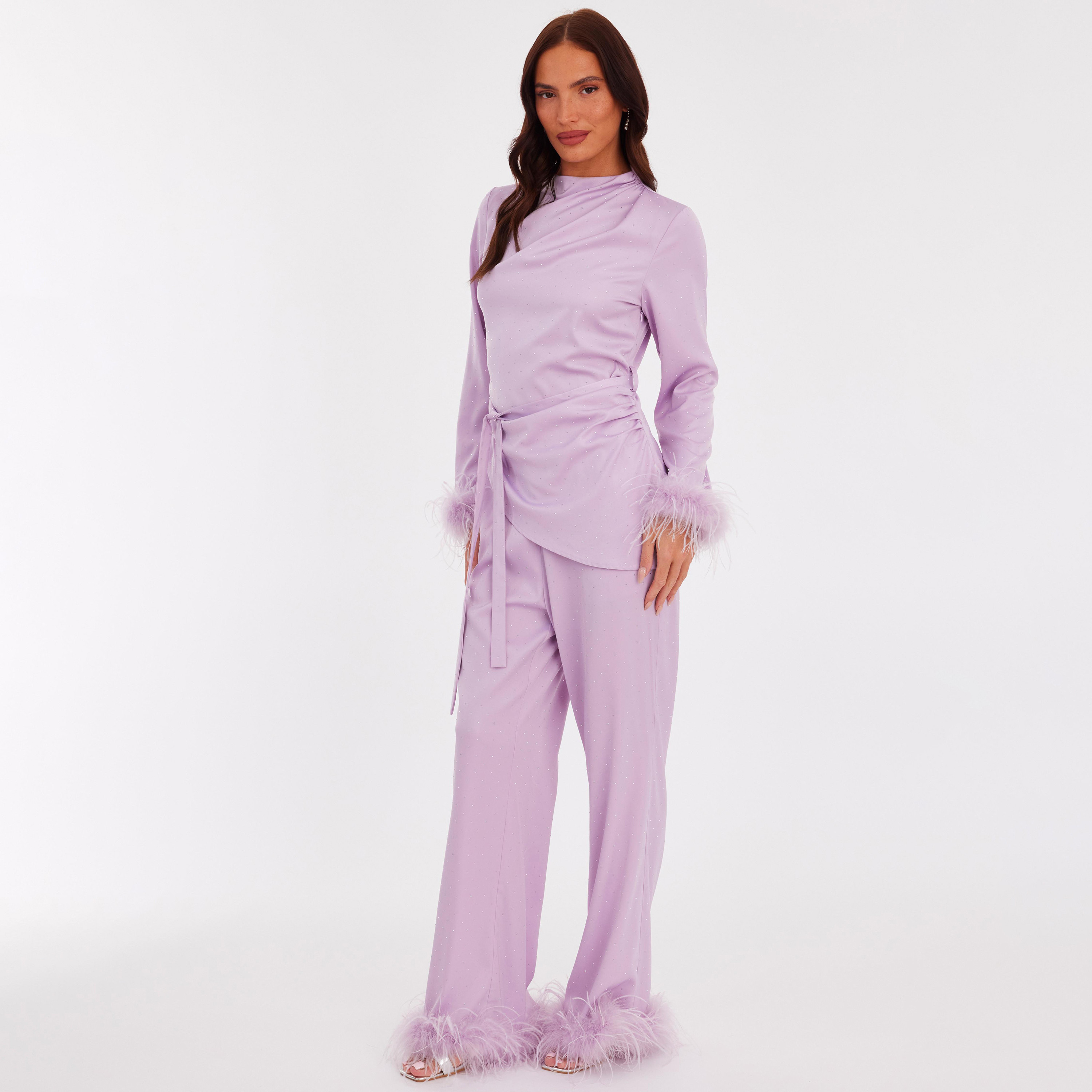 Quiz Lavender Fur-Trim Satin Mock Neck Women's Top-women-clothing-shirtsandblouses-blouses-image-2