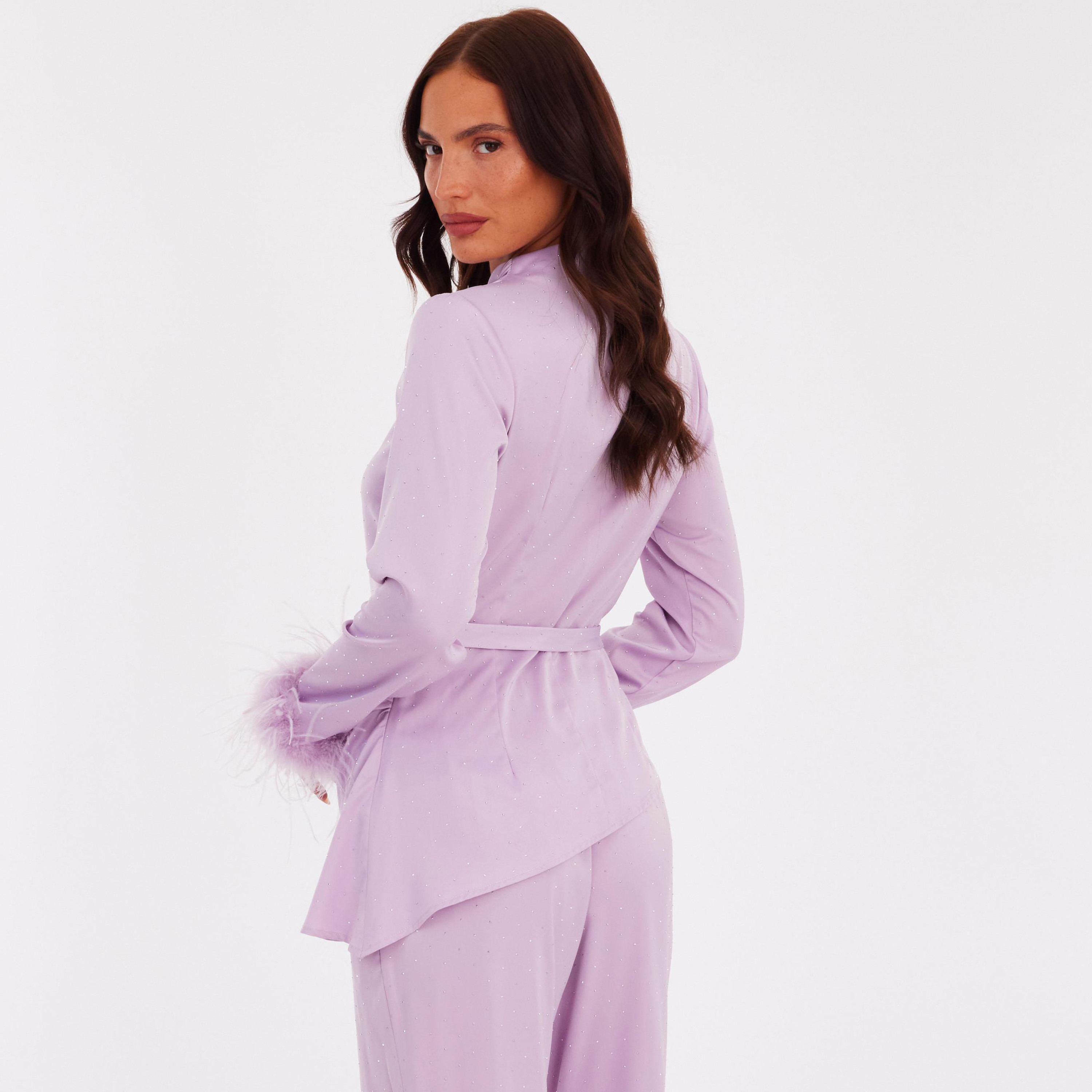 Quiz Lavender Fur-Trim Satin Mock Neck Women's Top-women-clothing-shirtsandblouses-blouses-image-3