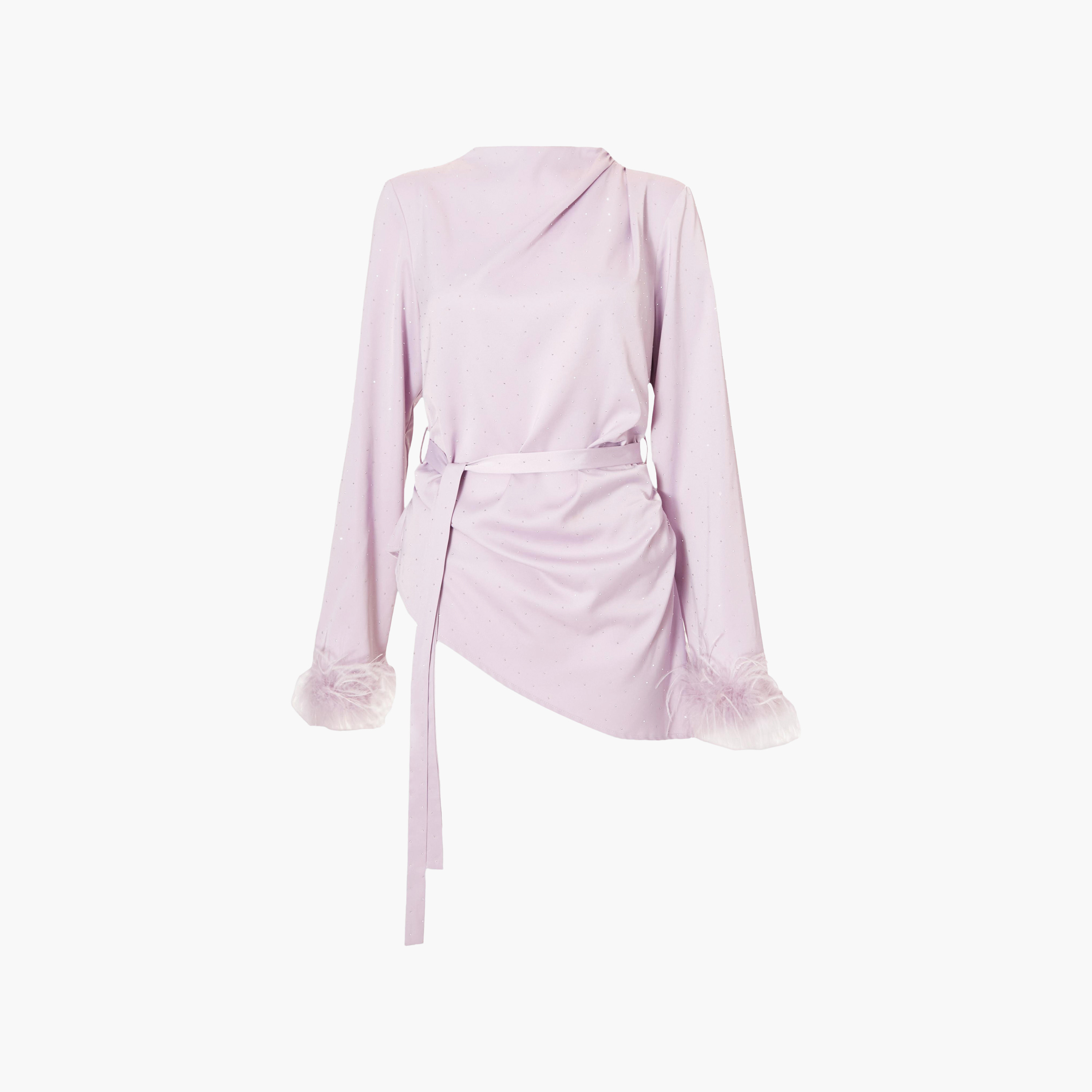 توب نسائي بياقة عالية من الساتان مع حواف فرو - لافندر من كويز-women-clothing-shirtsandblouses-blouses-image-5