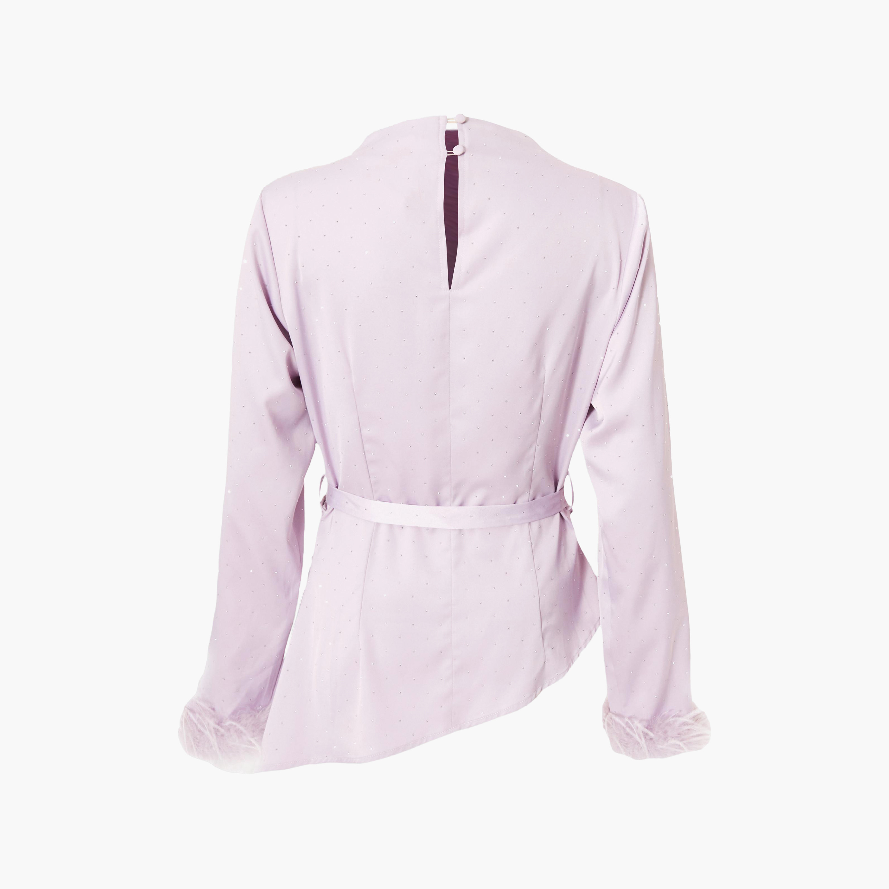 Quiz Lavender Fur-Trim Satin Mock Neck Women's Top-women-clothing-shirtsandblouses-blouses-image-6