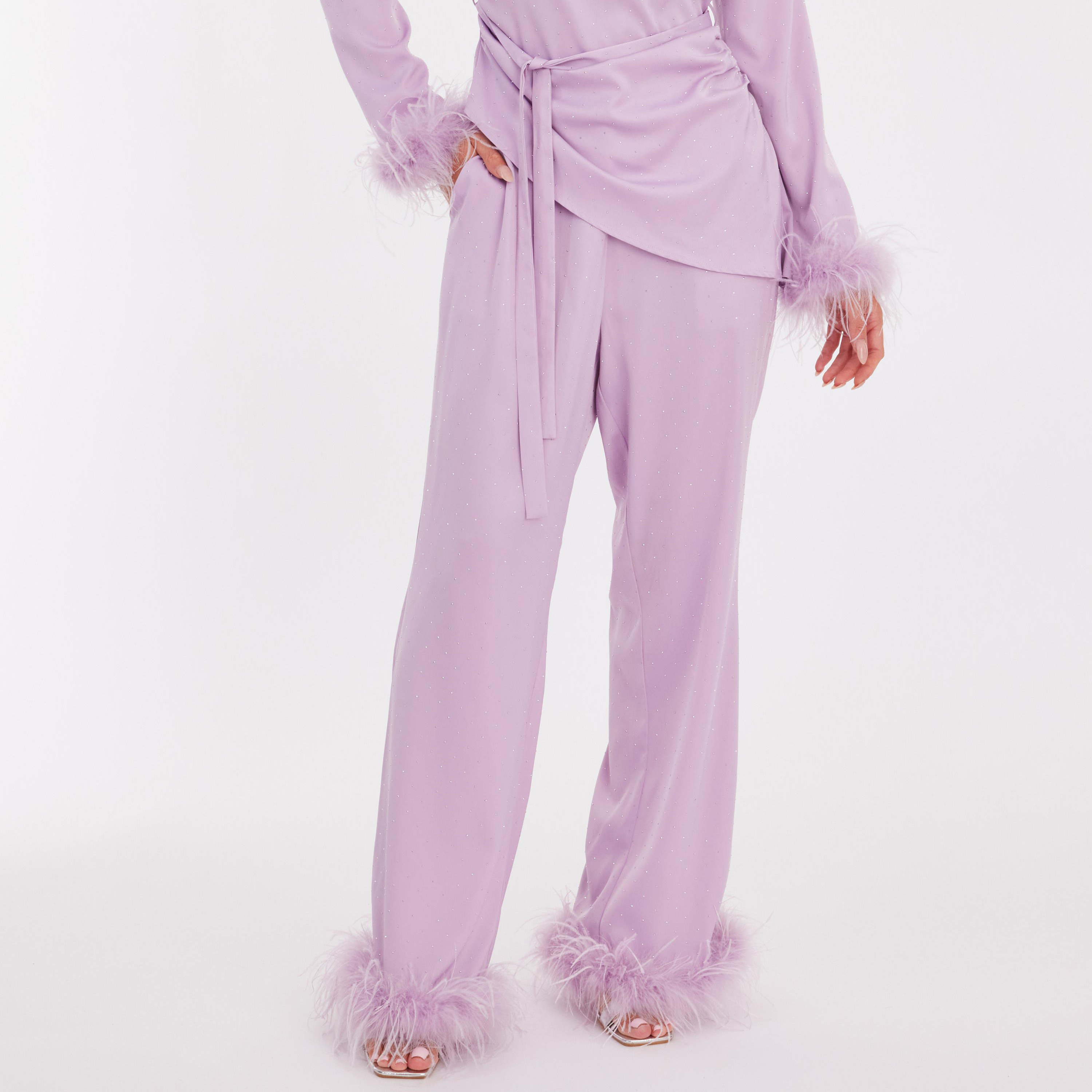 Quiz Lavender Fur-Trim Satin Straight Women's Trousers-women-clothing-bottoms-trousers-image-1