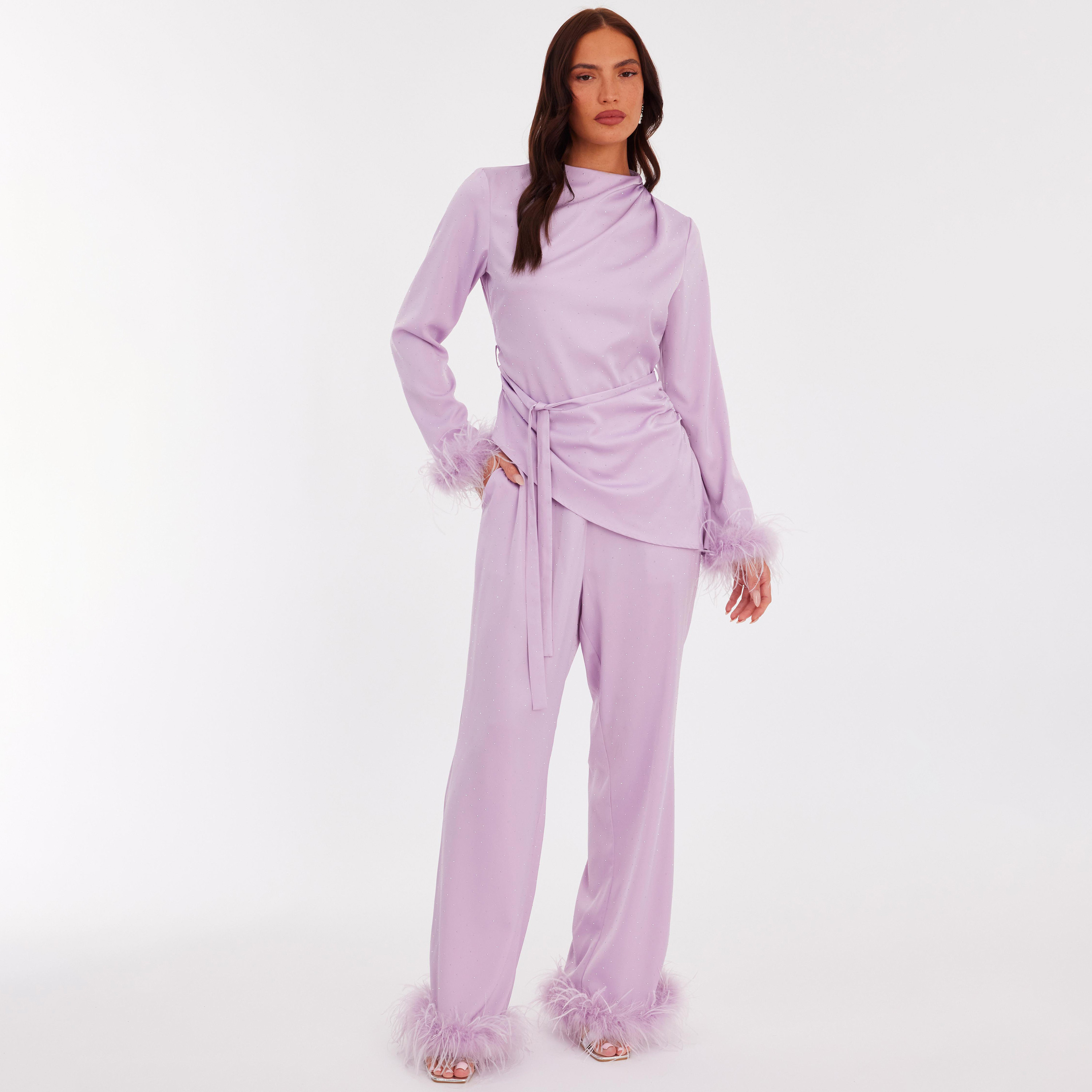 Quiz Lavender Fur-Trim Satin Straight Women's Trousers-women-clothing-bottoms-trousers-image-2