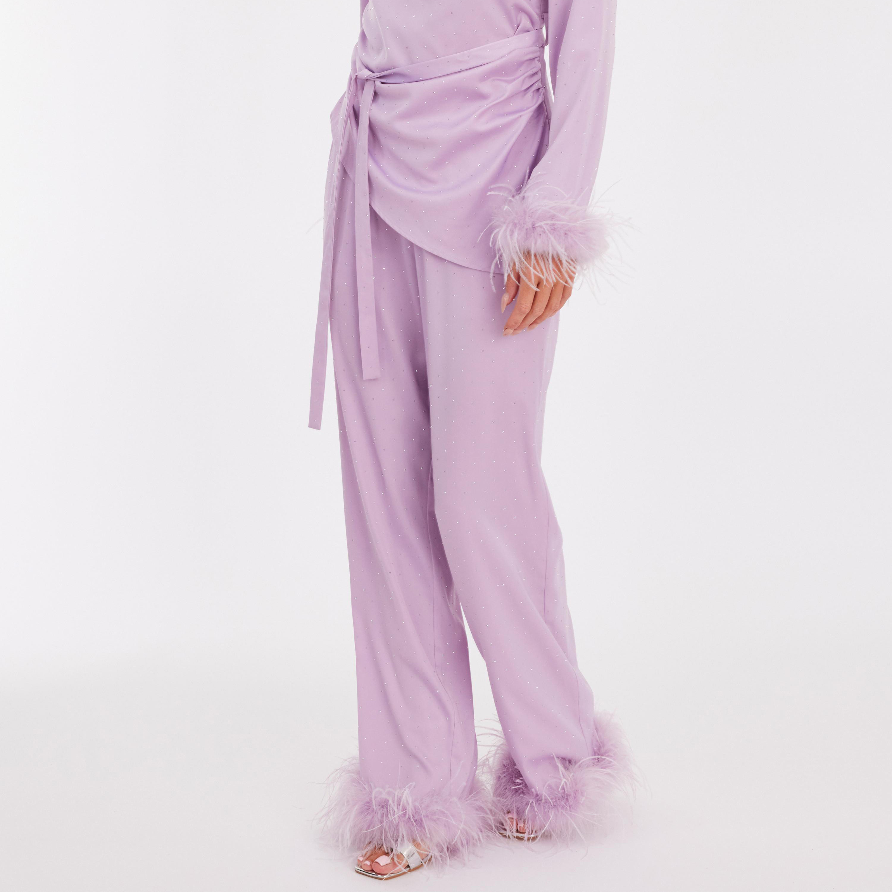 Quiz Lavender Fur-Trim Satin Straight Women's Trousers-women-clothing-bottoms-trousers-image-3