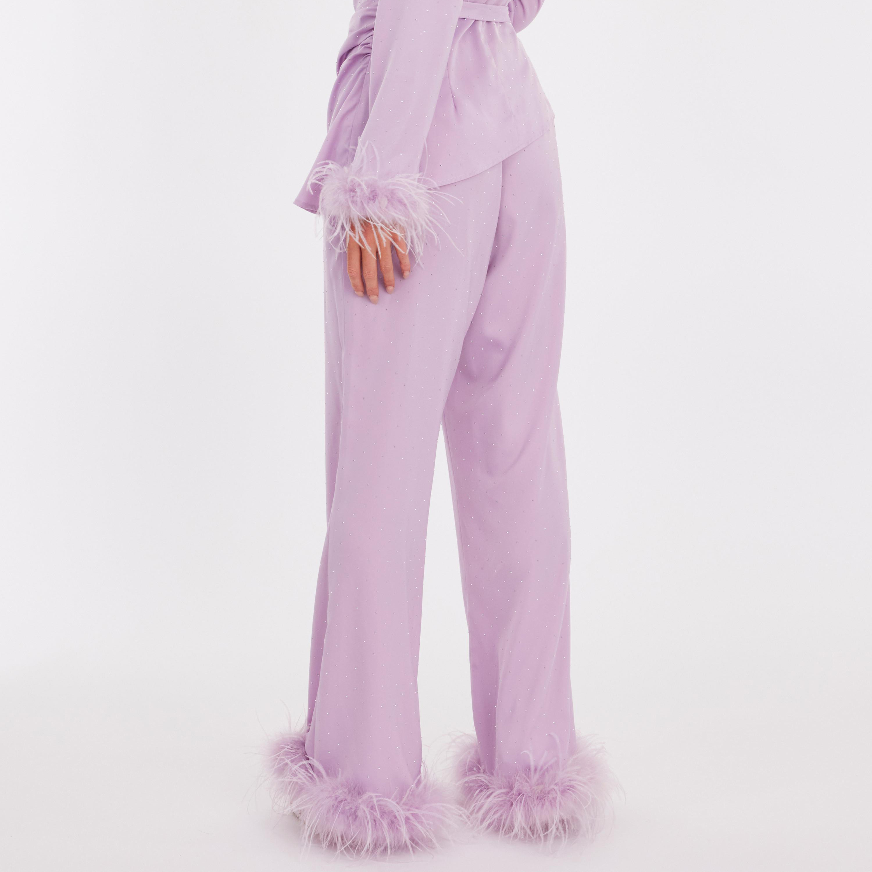 Quiz Lavender Fur-Trim Satin Straight Women's Trousers-women-clothing-bottoms-trousers-image-4