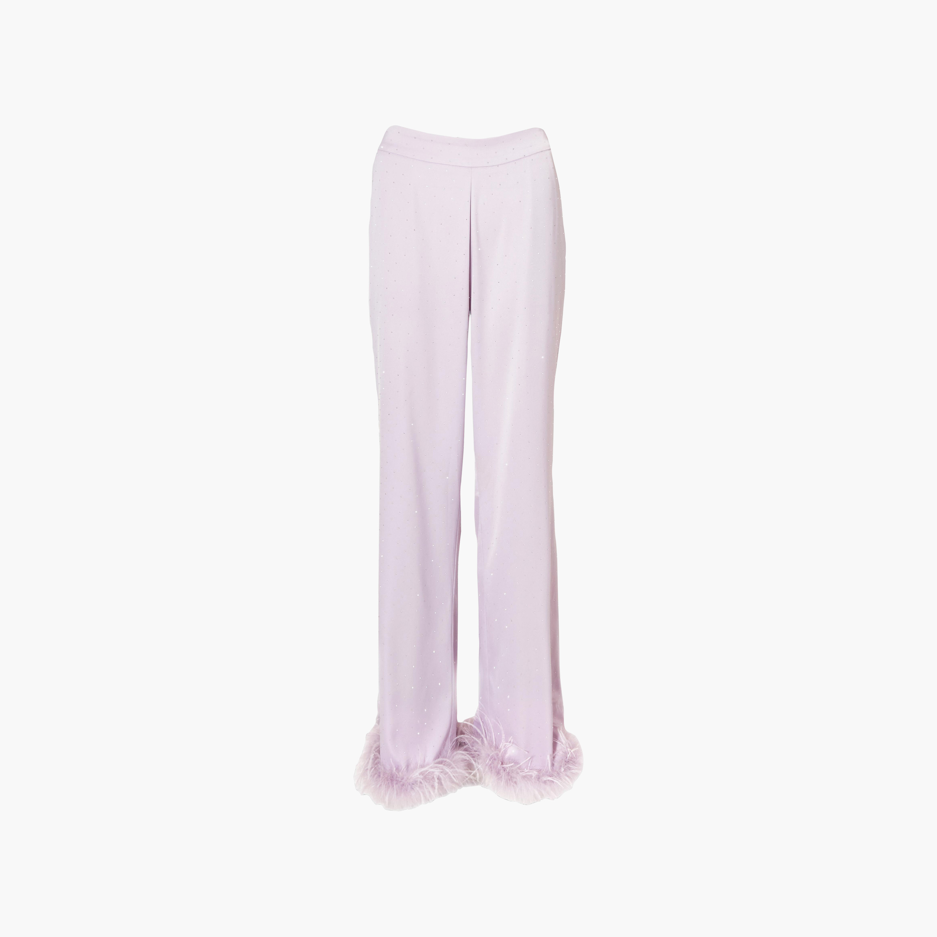 Quiz Lavender Fur-Trim Satin Straight Women's Trousers-women-clothing-bottoms-trousers-image-6