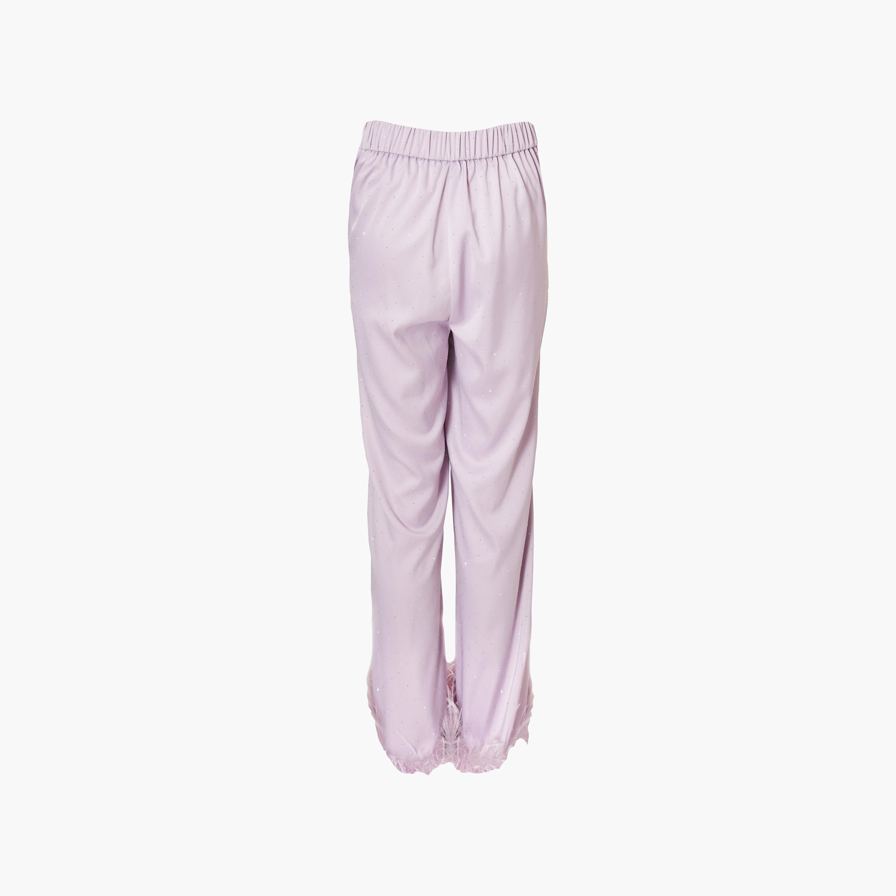 Quiz Lavender Fur-Trim Satin Straight Women's Trousers-women-clothing-bottoms-trousers-image-7